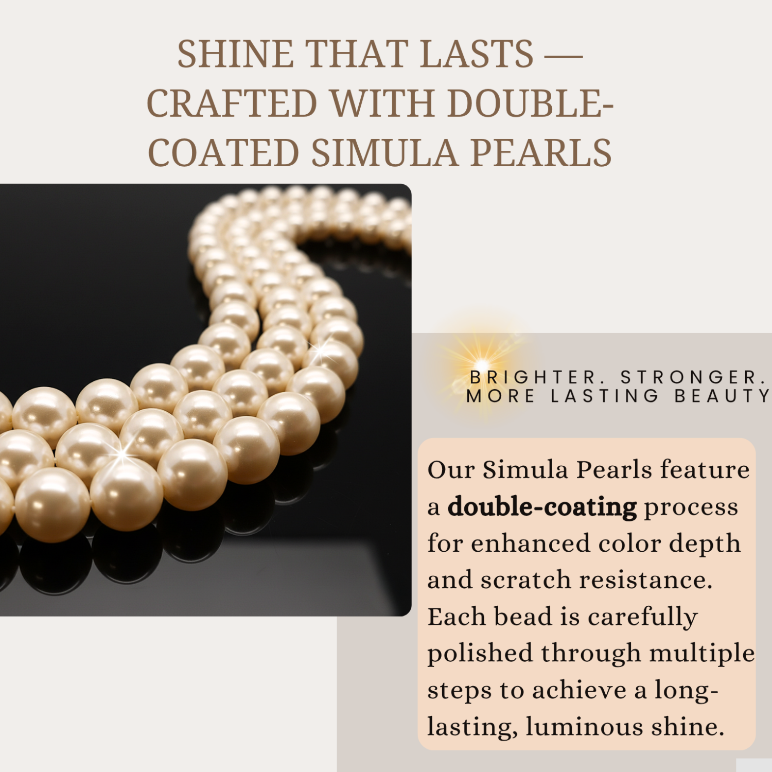 Pearl necklace with text about Simula Pearls' double-coating process on a white background