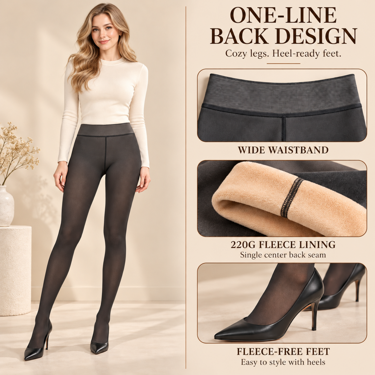 A woman modeling black sheer tights with a wide waistband and fleece lining, shown beside feature callouts for one-line back design, wide waistband, 220G fleece lining, and fleece-free feet.