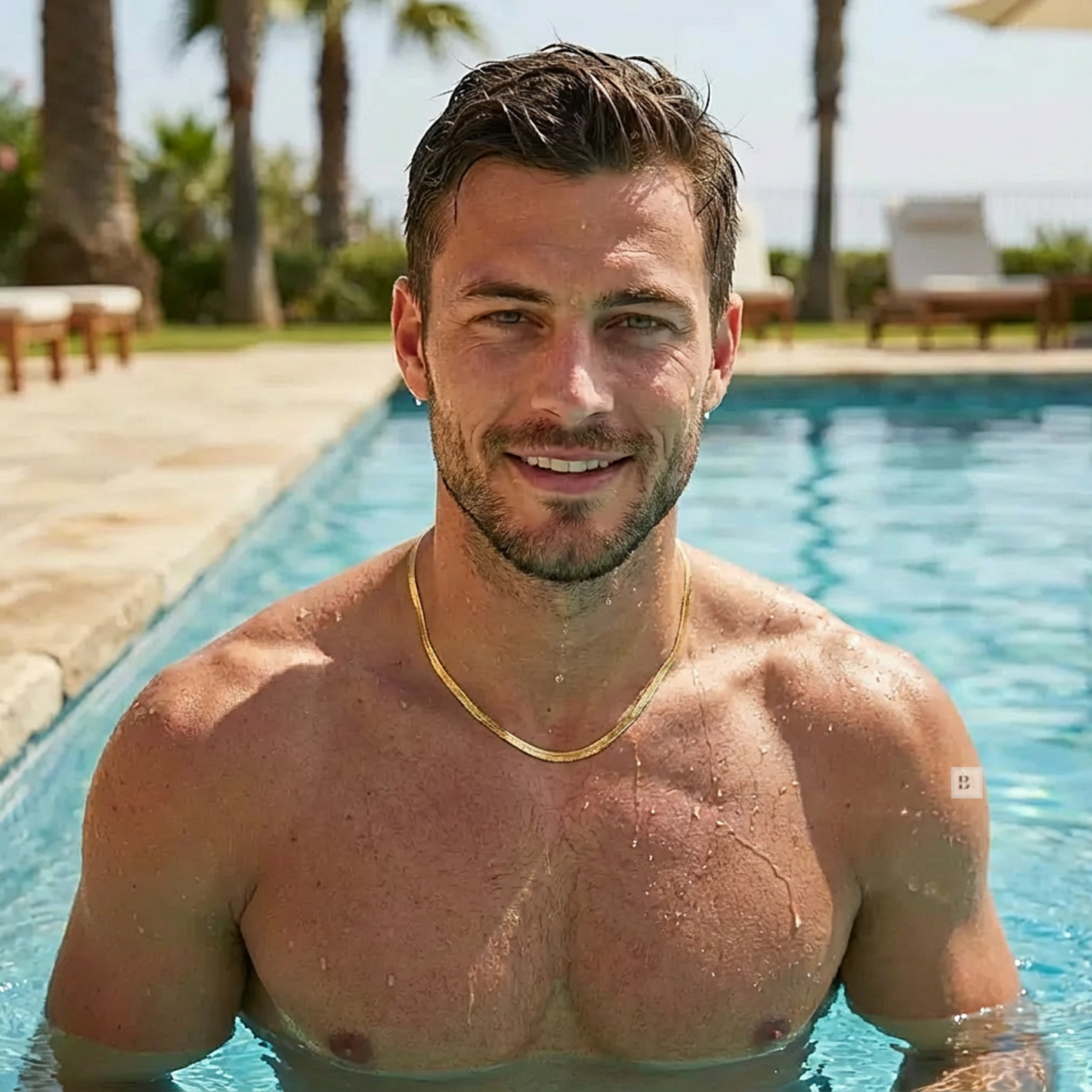 Man with a gold necklace standing by a pool with palm trees in the background