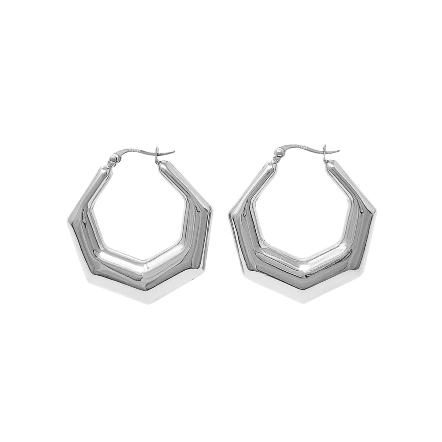 Pair of silver hoop earrings on a white background
