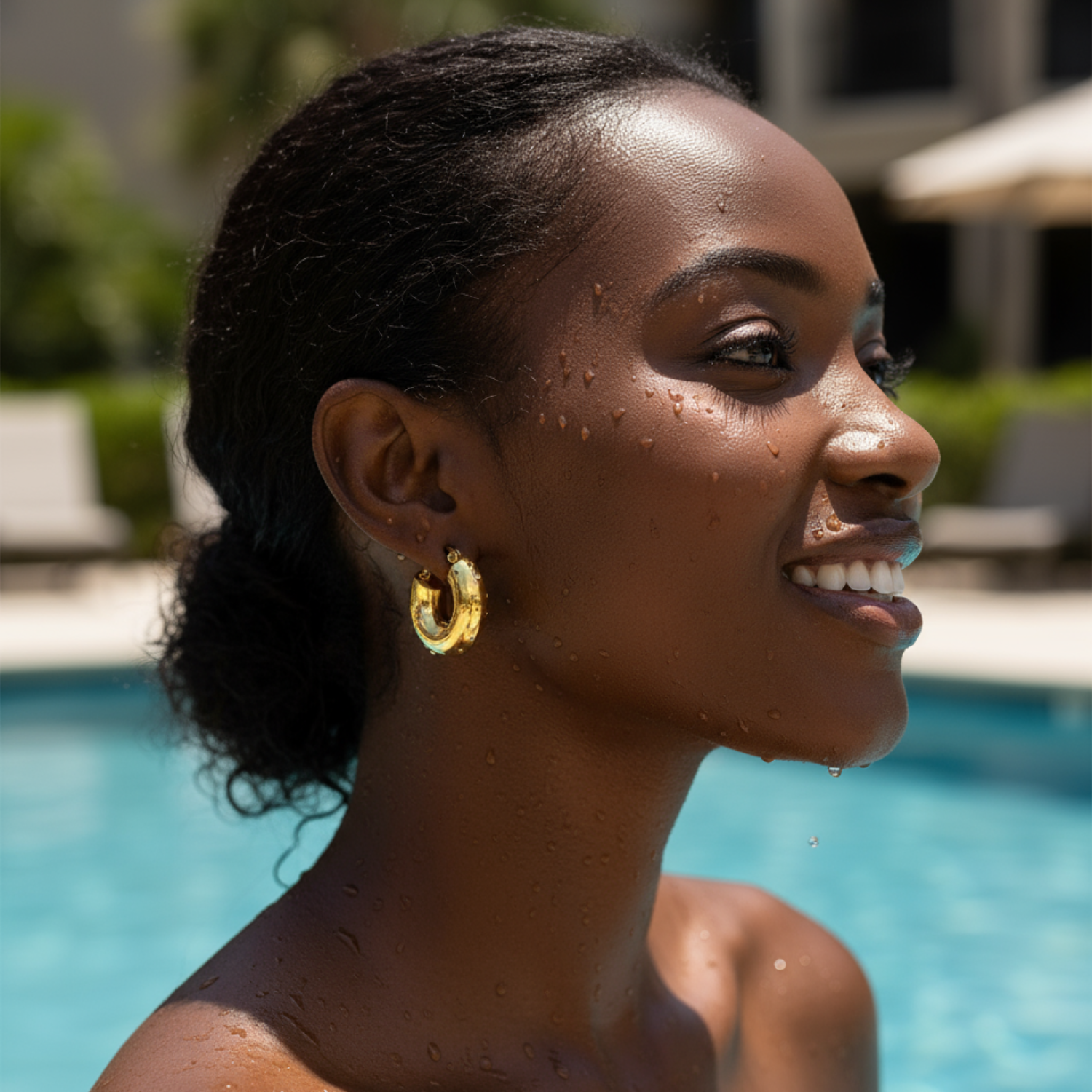 Woman with wet hair by a poolside, wearing gold hoop earrings.