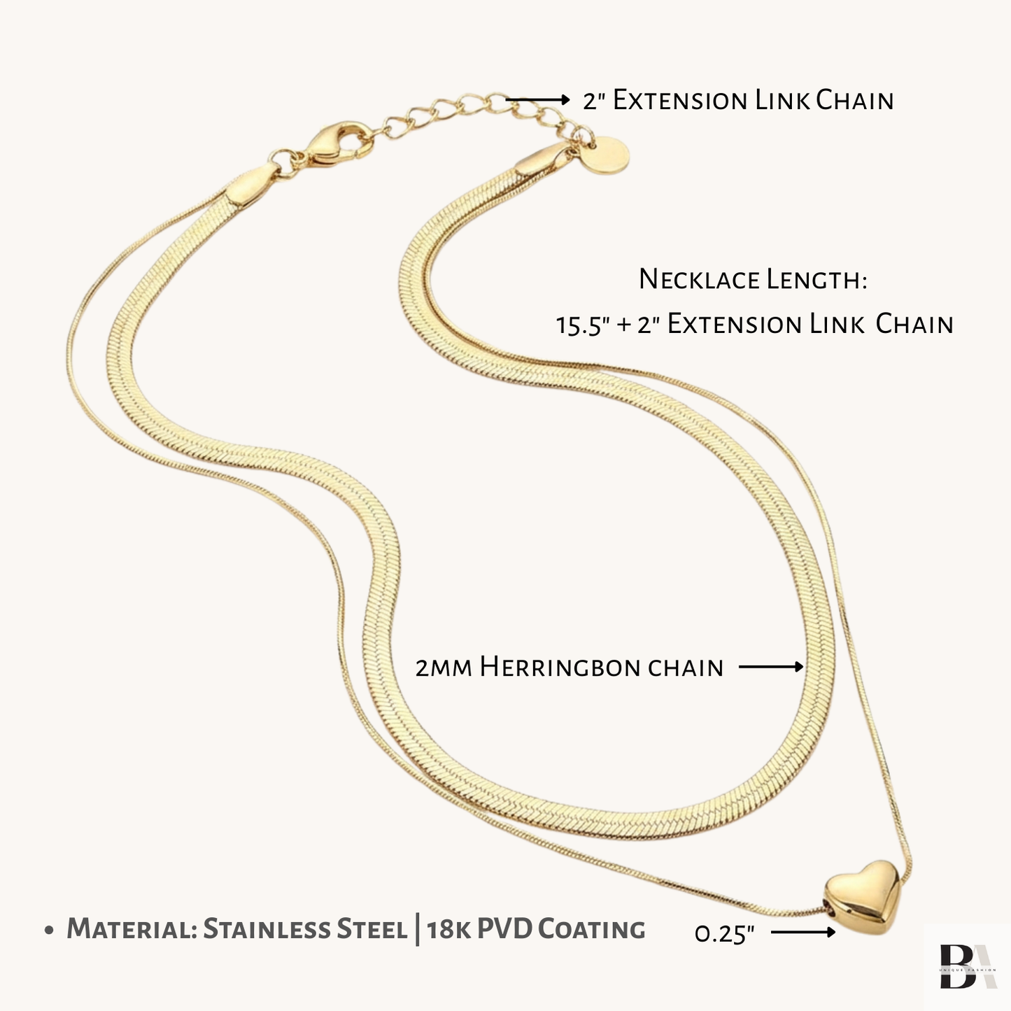 Gold necklace with labeled features on a white background