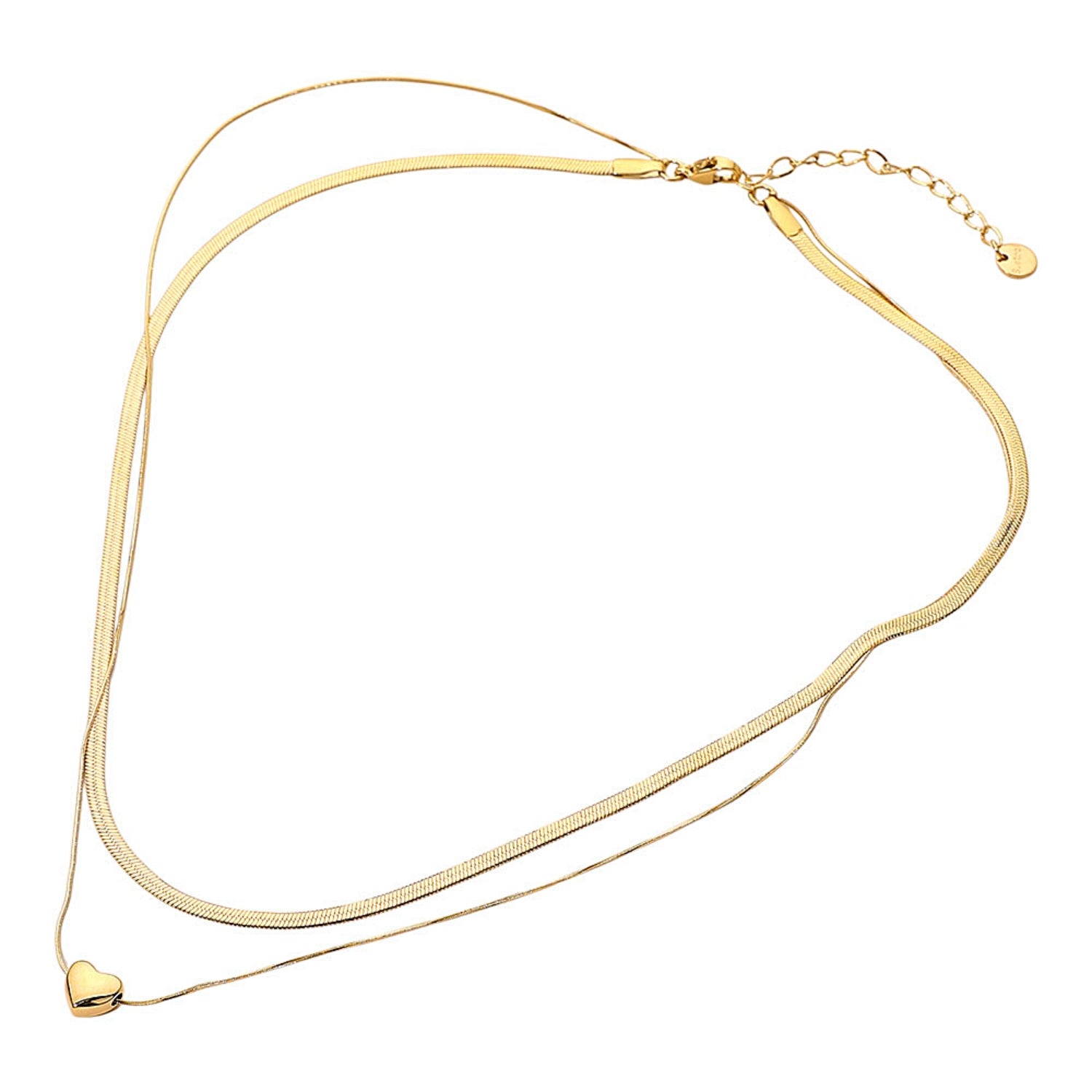 Gold necklace with a heart pendant on a white background