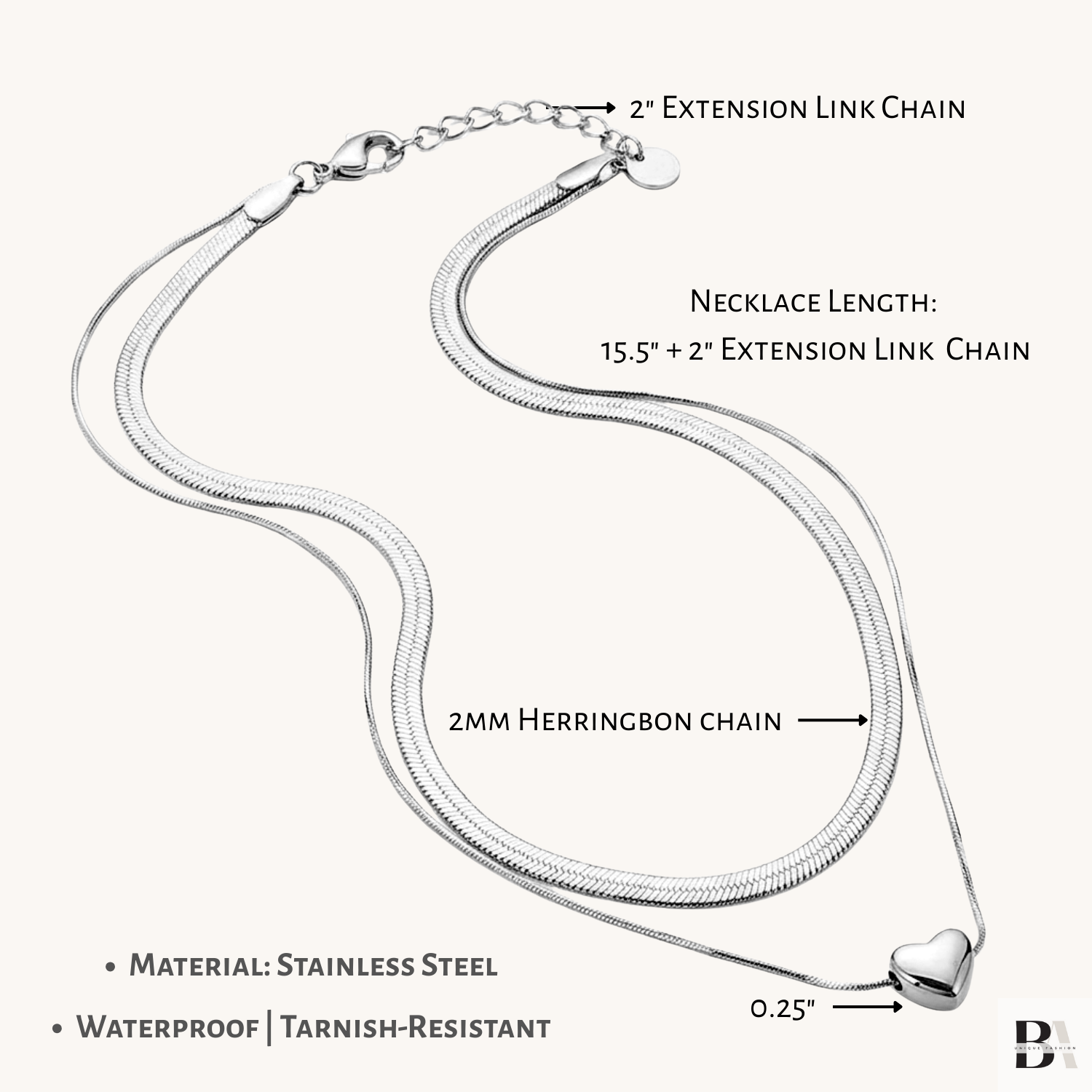 Silver necklace with extension link chain on a white background