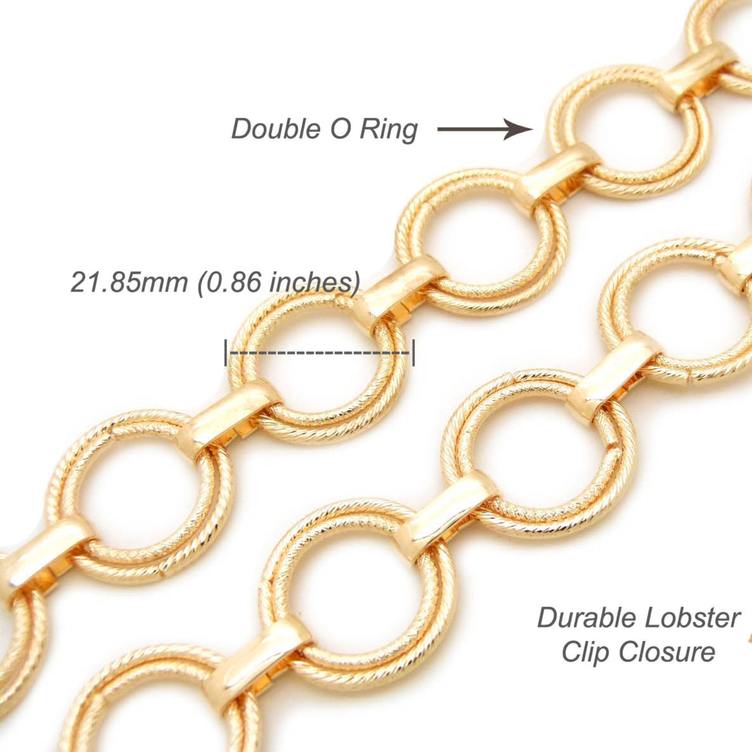 Gold chain with labeled features on a white background