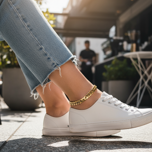 Person wearing white sneakers and a gold anklet, standing on a sidewalk with a blurred background.