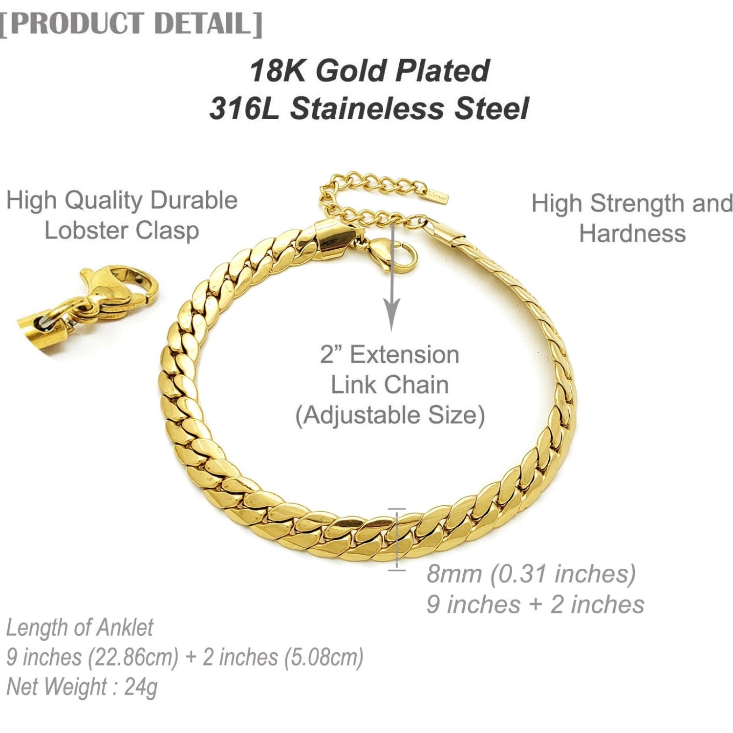 Gold bracelet with adjustable chain and lobster clasp on a white background