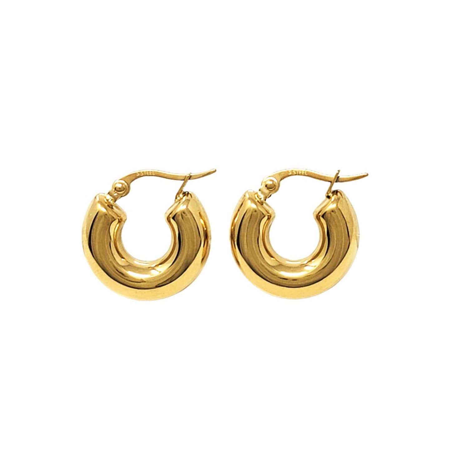 Pair of gold hoop earrings on a white background