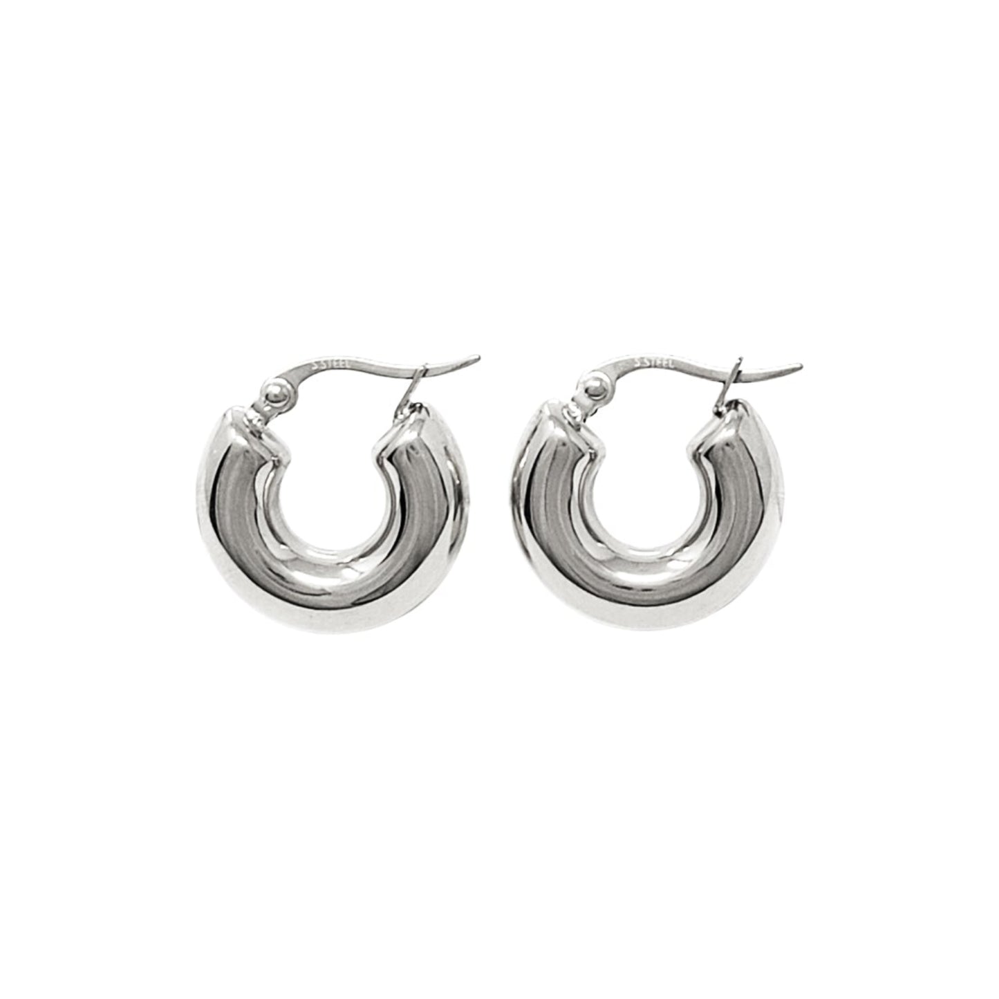 Pair of silver hoop earrings on a white background