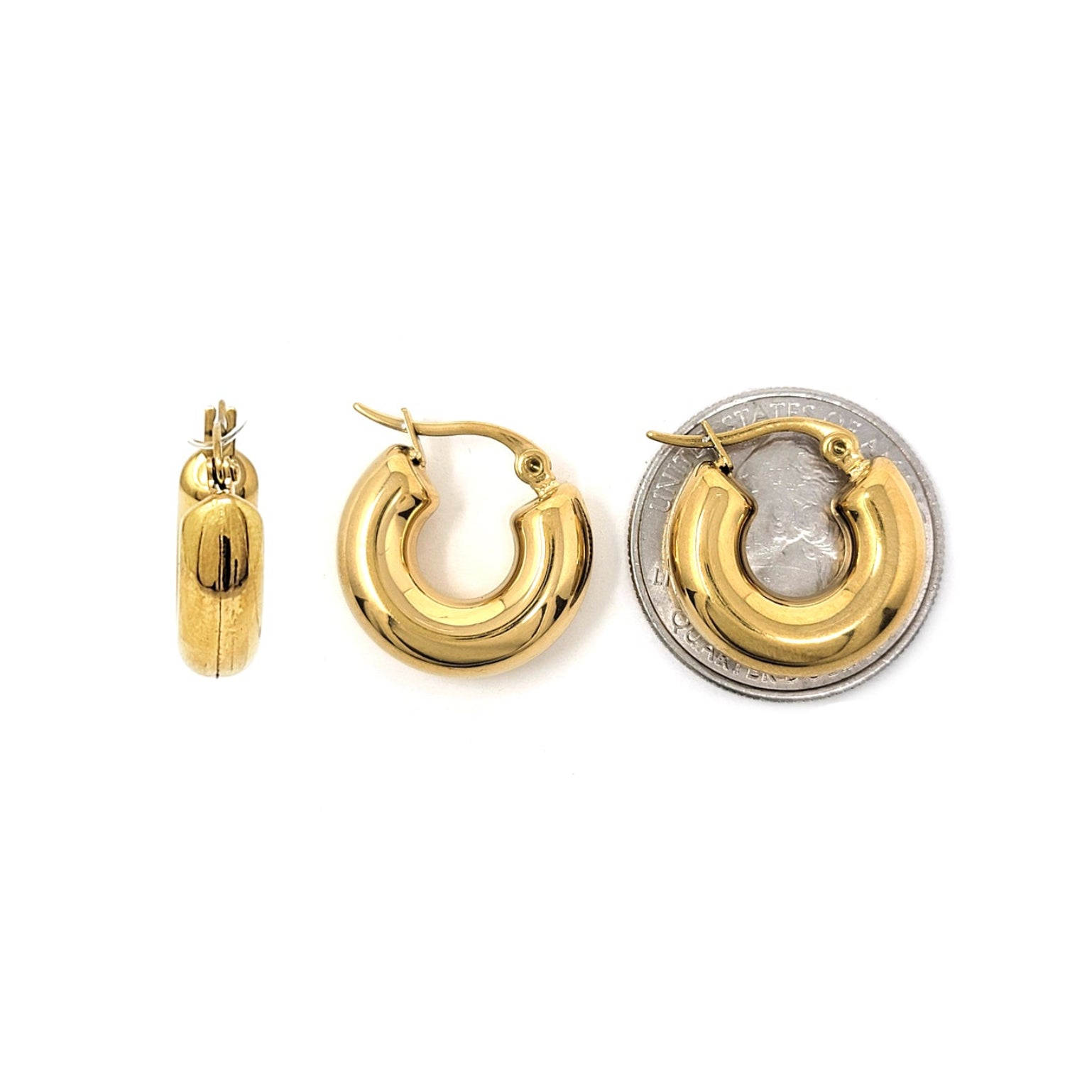 Gold hoop earrings on a white background