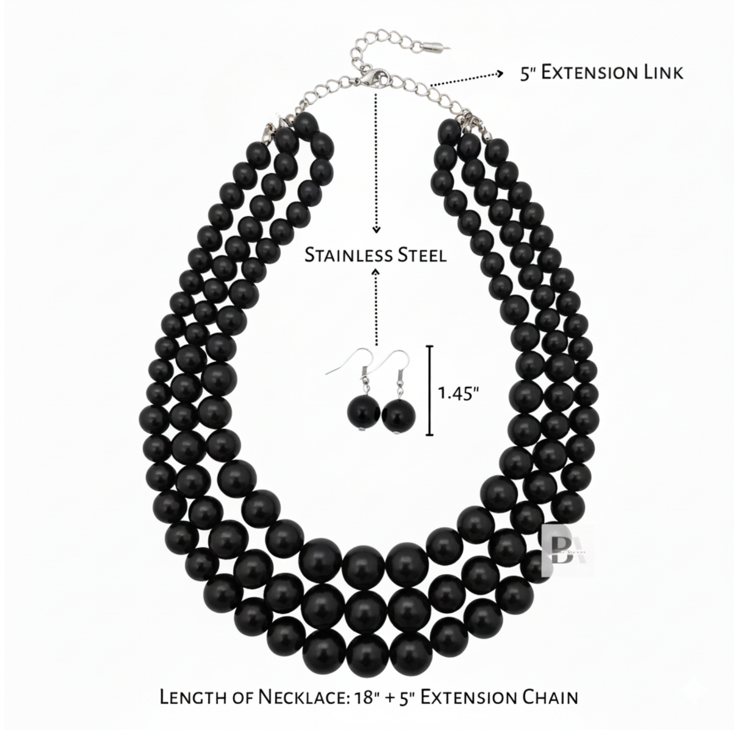 Black Pearl Necklace and earring's Size Detail