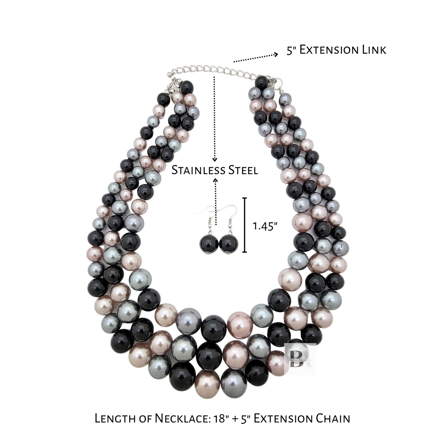 Pearl necklace with measurements on a white background