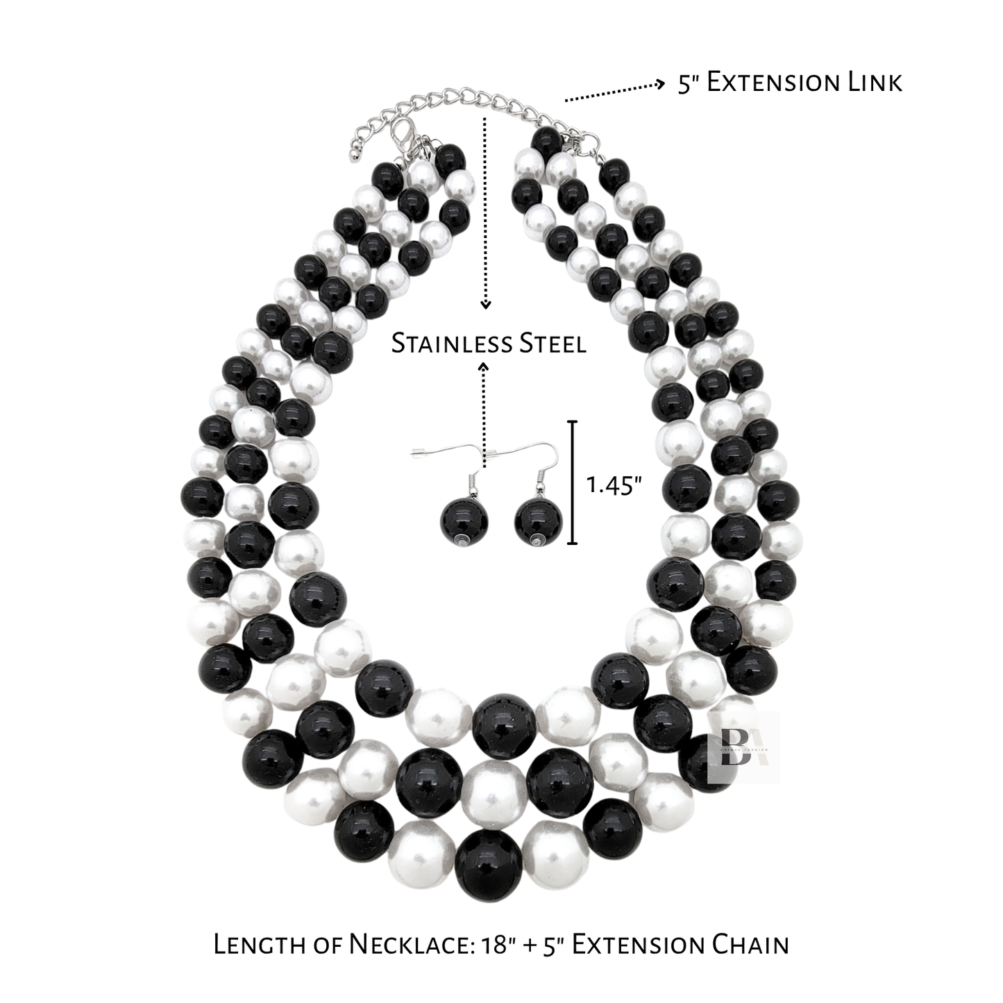 Black and white pearl necklace with extension chain and earring on a white background