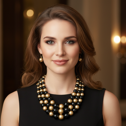 Woman wearing a black and gold beaded necklace against a blurred background