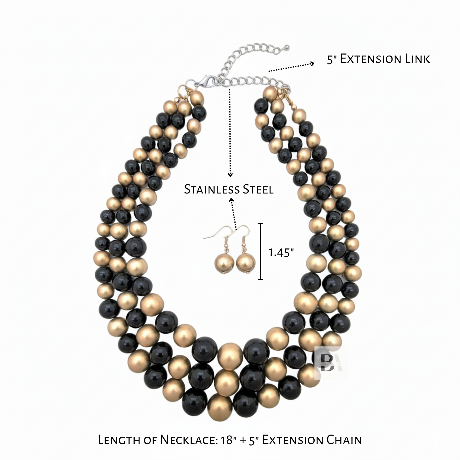 Necklace set with black and gold beads, extension chain, and earrings on a white background.