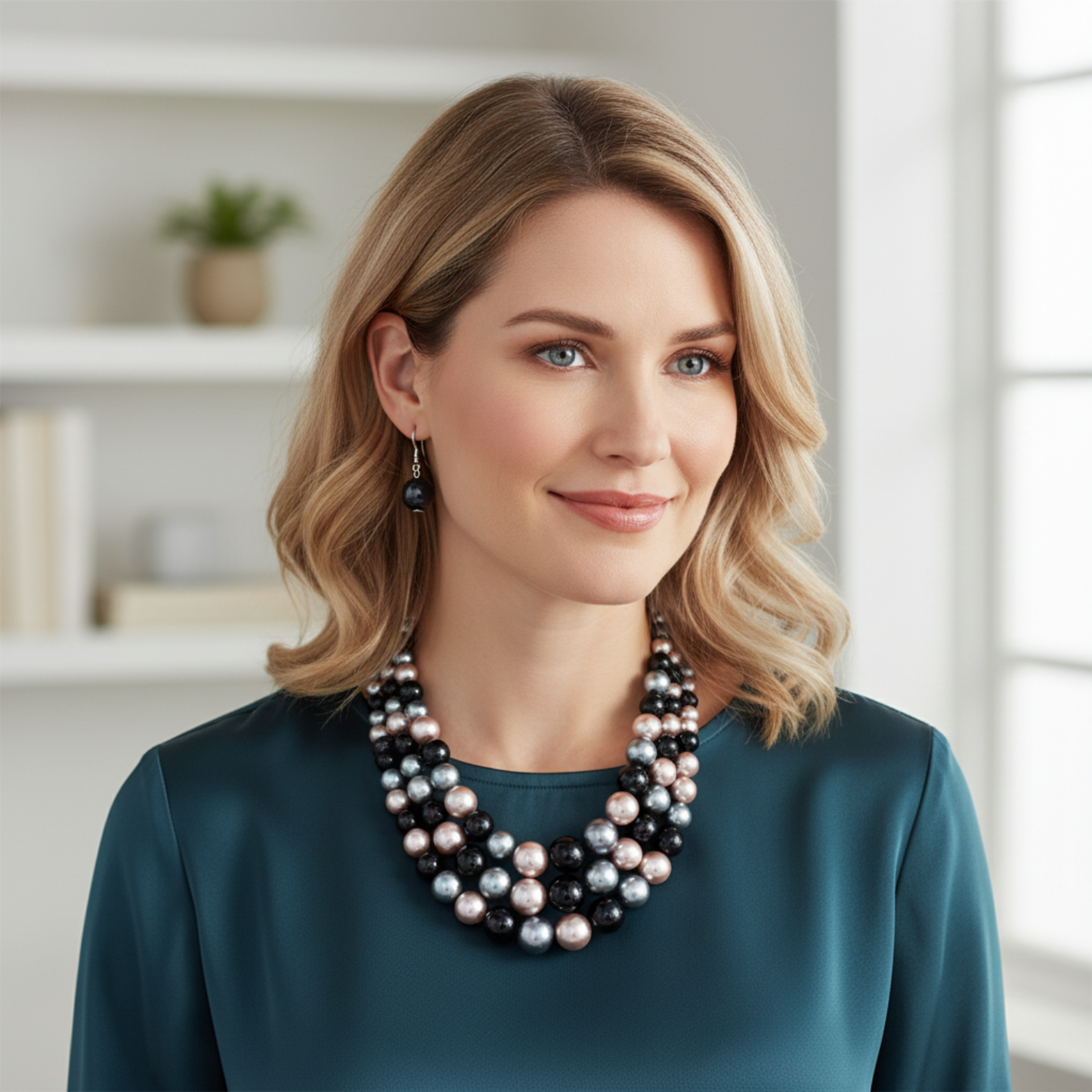 Woman wearing a multi-layered pearl necklace in a bright room