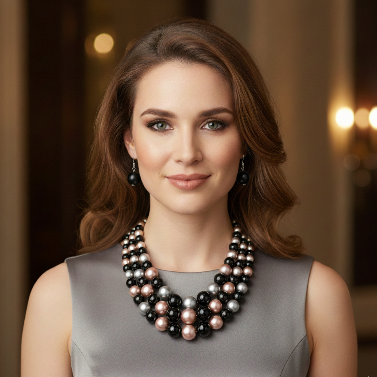 Woman wearing a multi-layered pearl necklace against a blurred indoor background