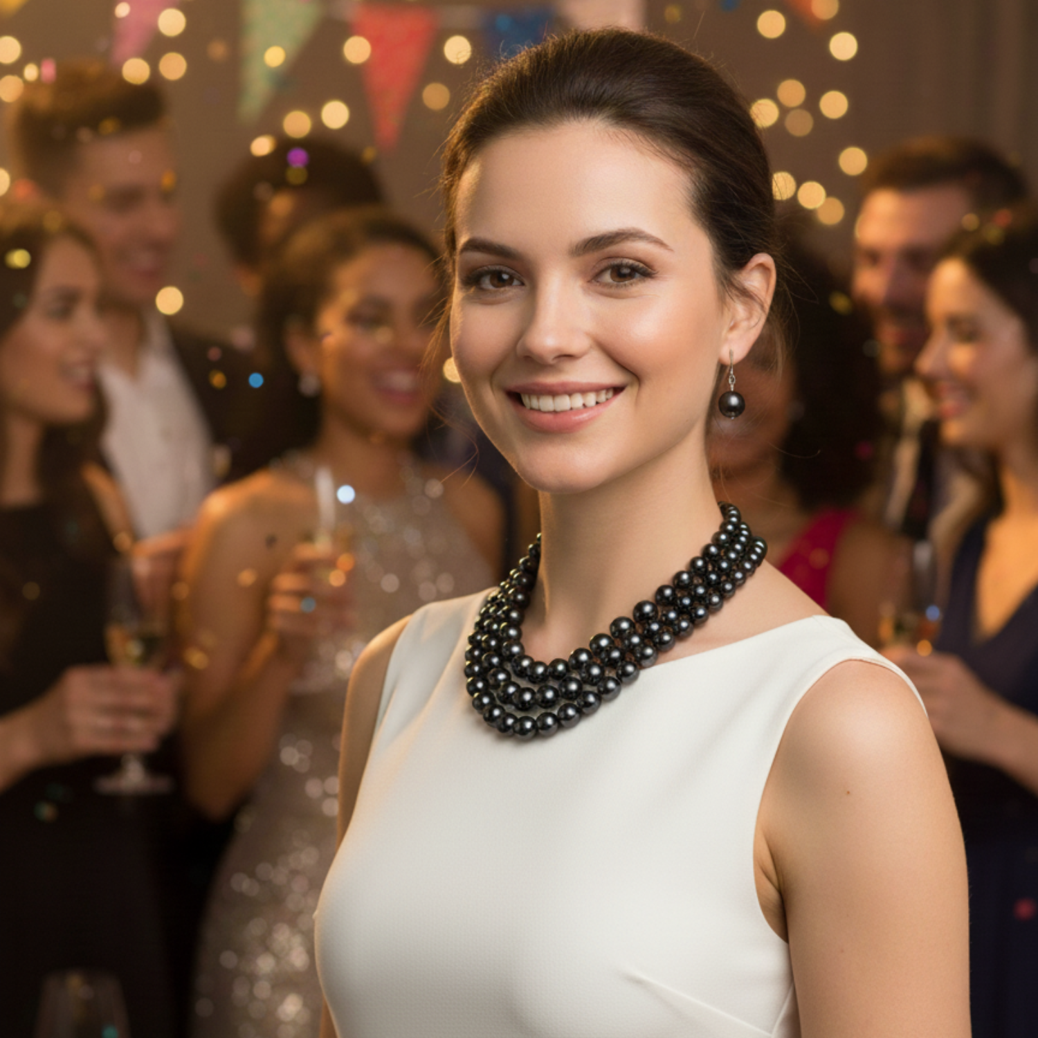 White Dressed woman wearing black pearl necklace in the Party