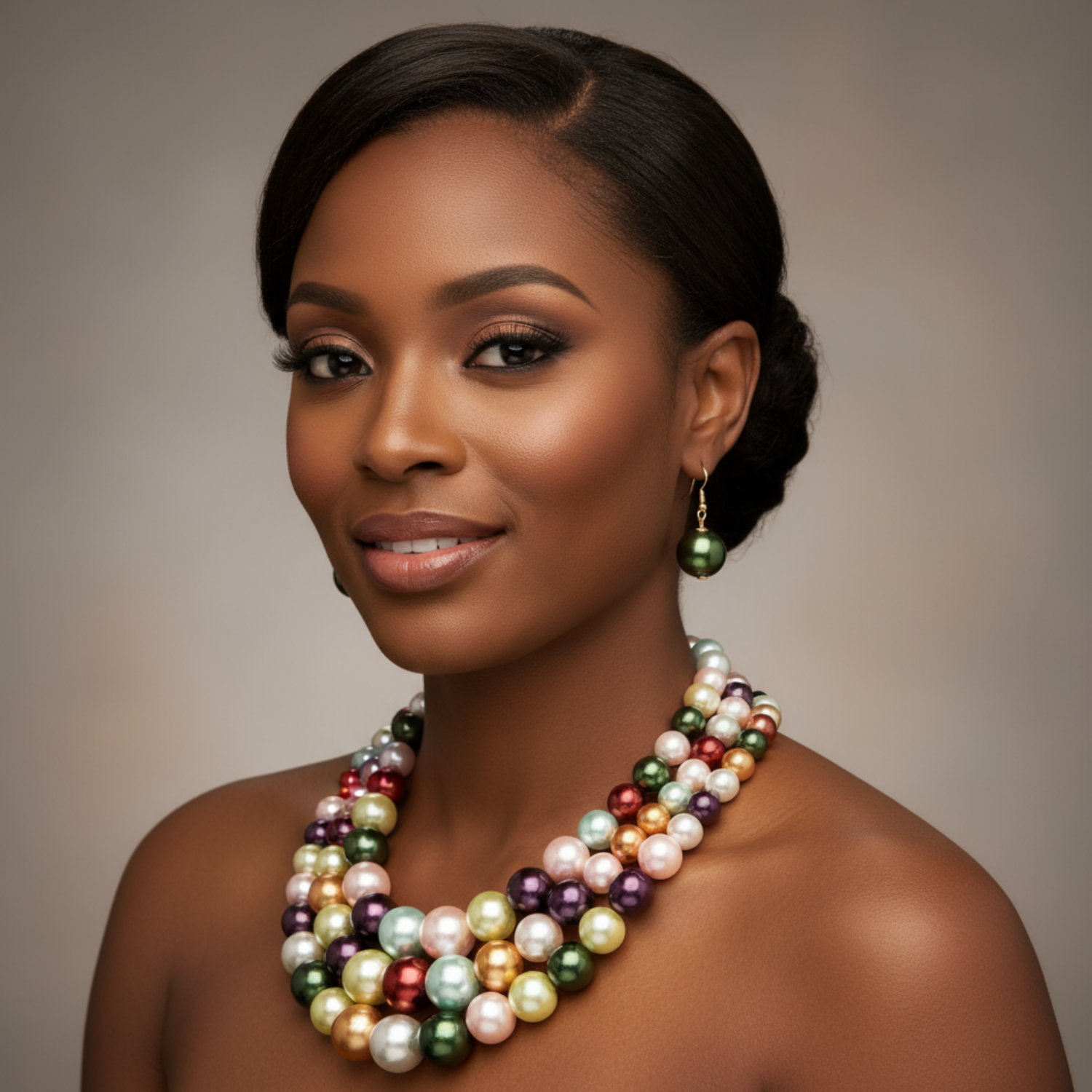 Woman wearing a colorful pearl necklace against a neutral background