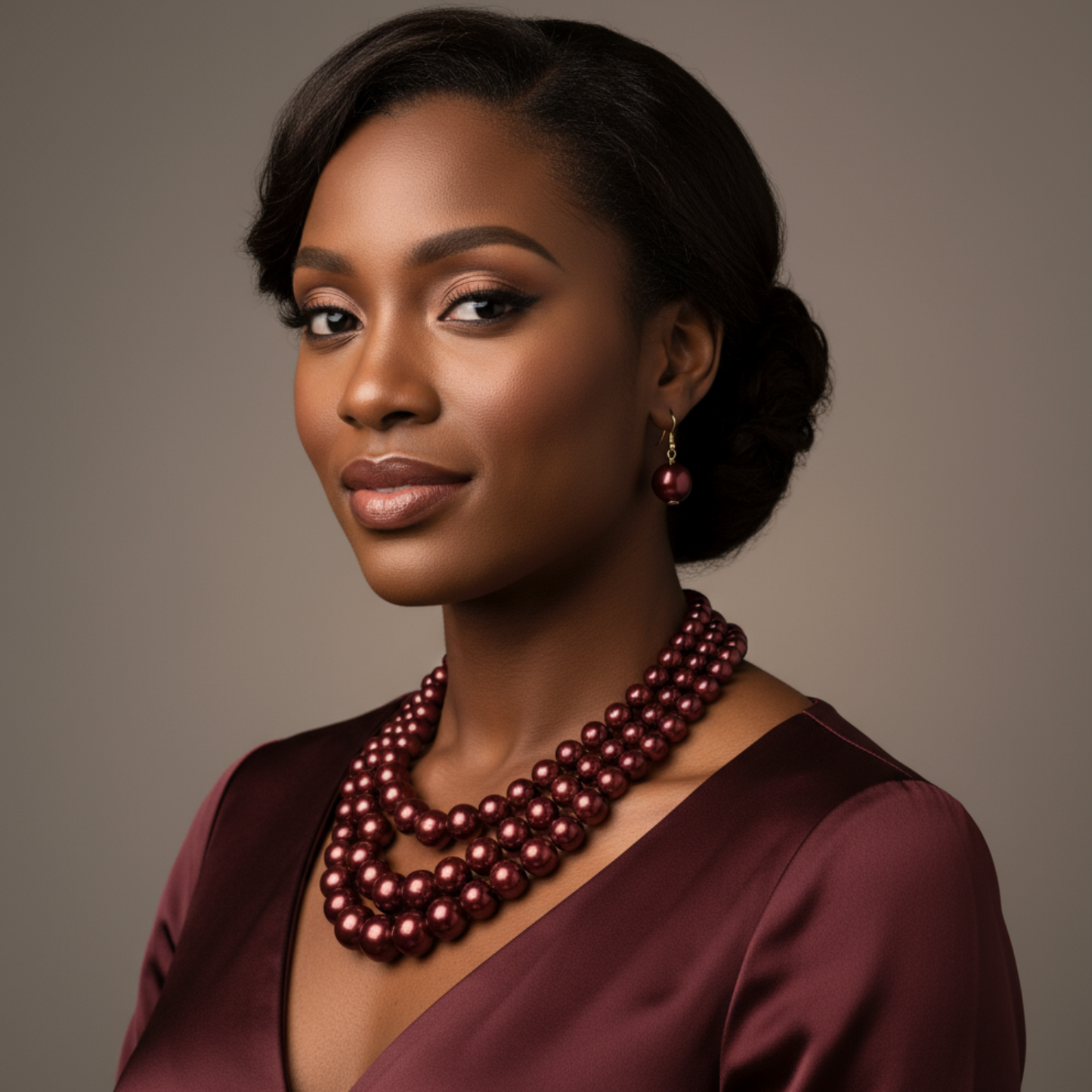 Woman wearing a large burgundy pearl necklace against a neutral background