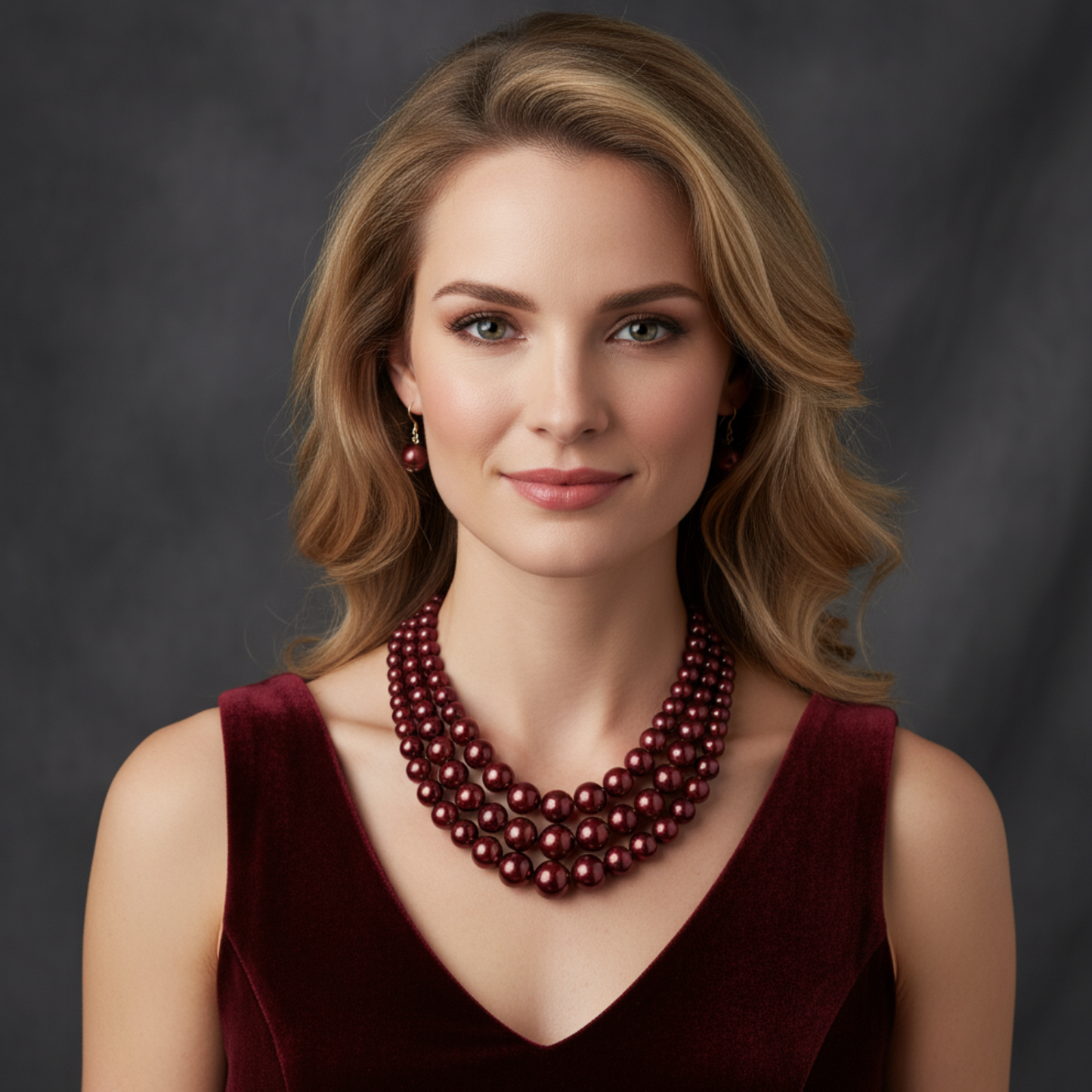 Woman wearing a Burgundy pearl necklace against a dark background