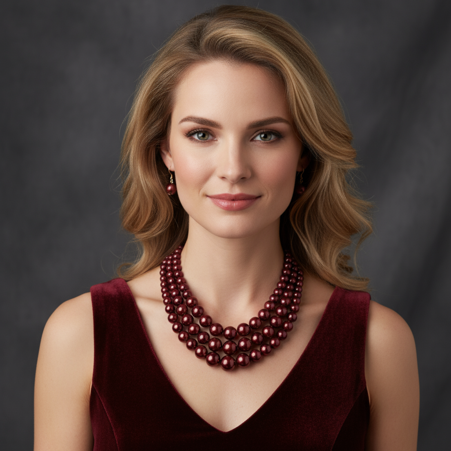 Woman wearing a Burgundy pearl necklace against a dark background
