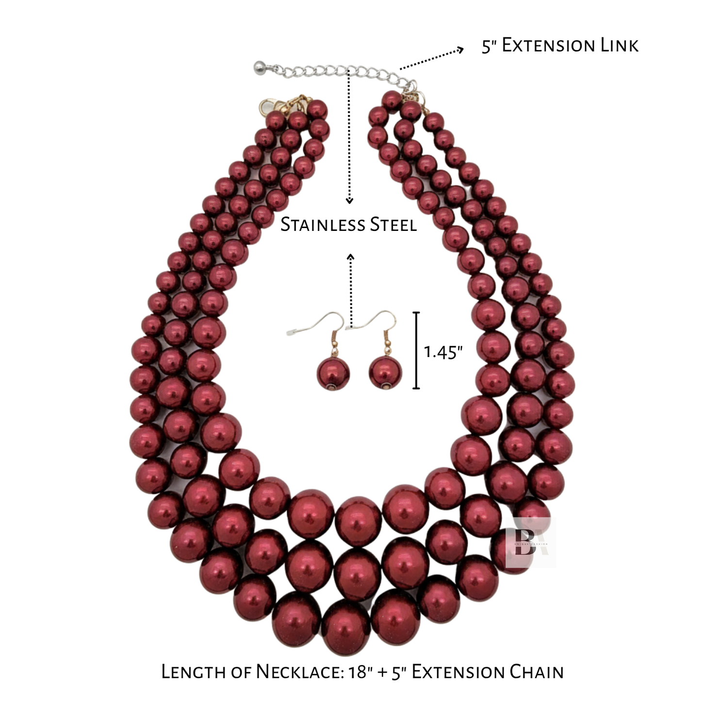 Burgundy pearl necklace with extension chain and earring on a white background