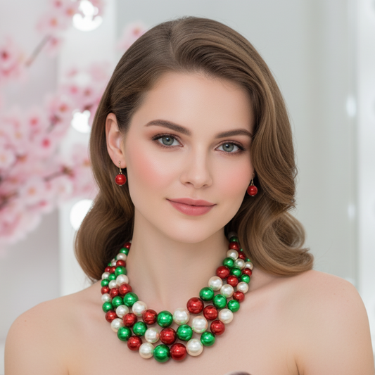 Woman wearing Christmas Color Pearl Necklace and Earrings
