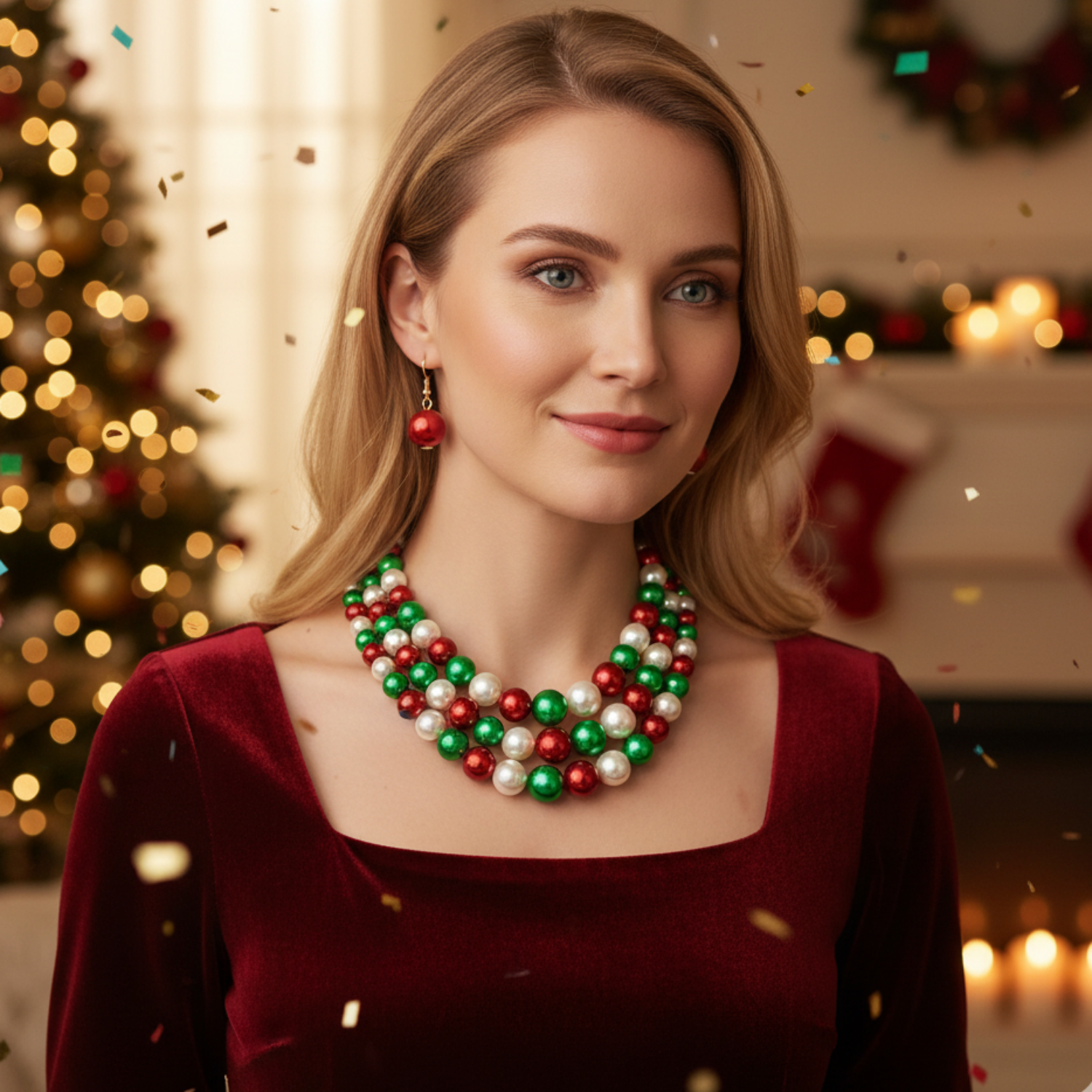 Red Dressed Woman wearing Christmas Color Pearl Necklace and earrings