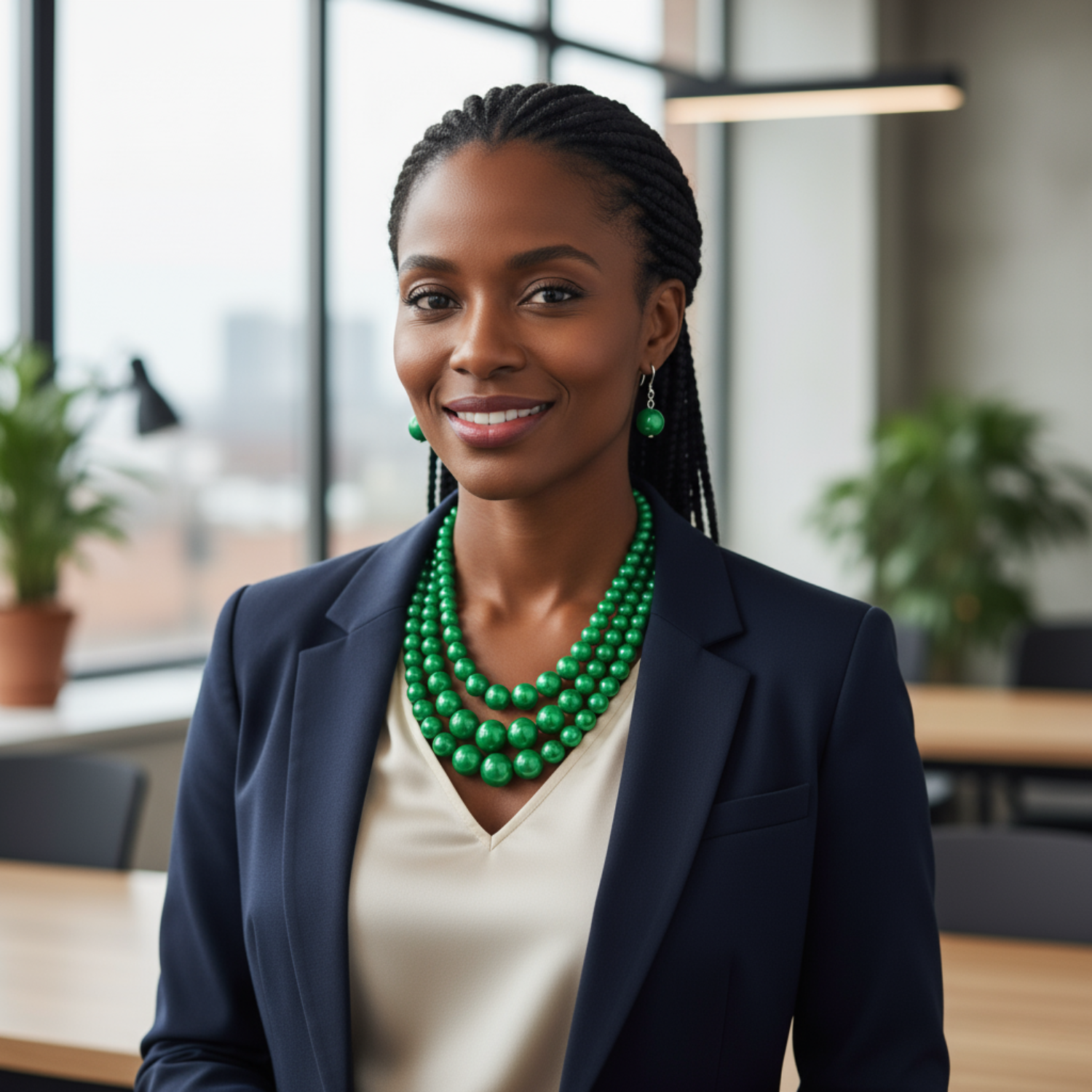 Woman wearing a dark blazer and green necklace in an office setting