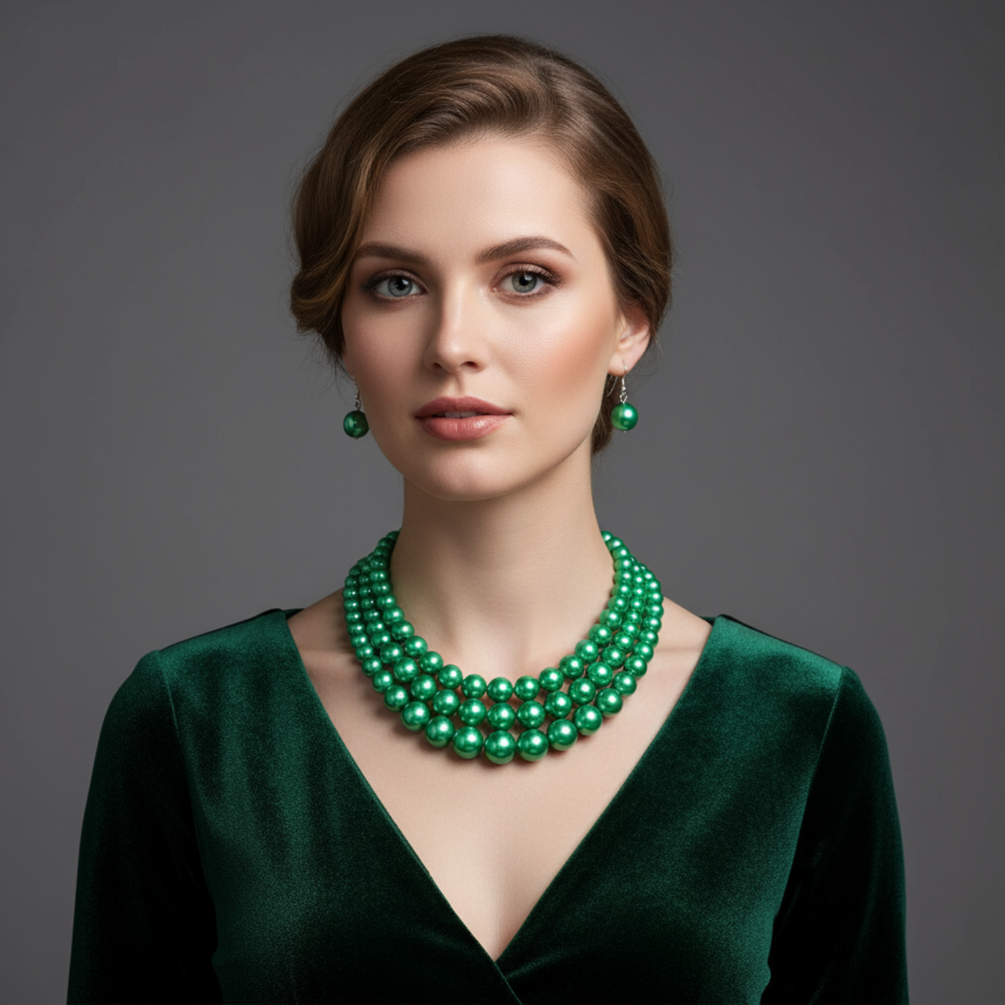 Woman wearing a green pearl necklace and earrings against a gray background