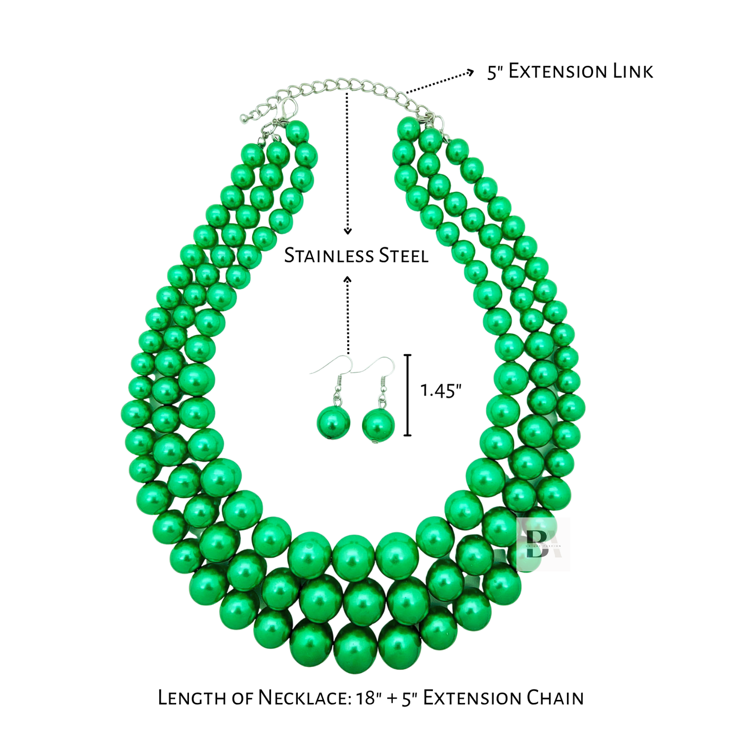 Green beaded necklace with extension chain and earring on a white background