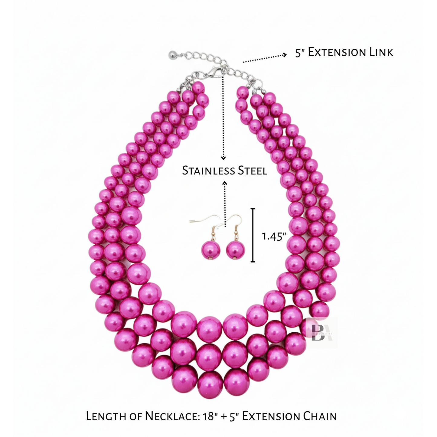 Hot Pink Pearl Necklace Size Detail