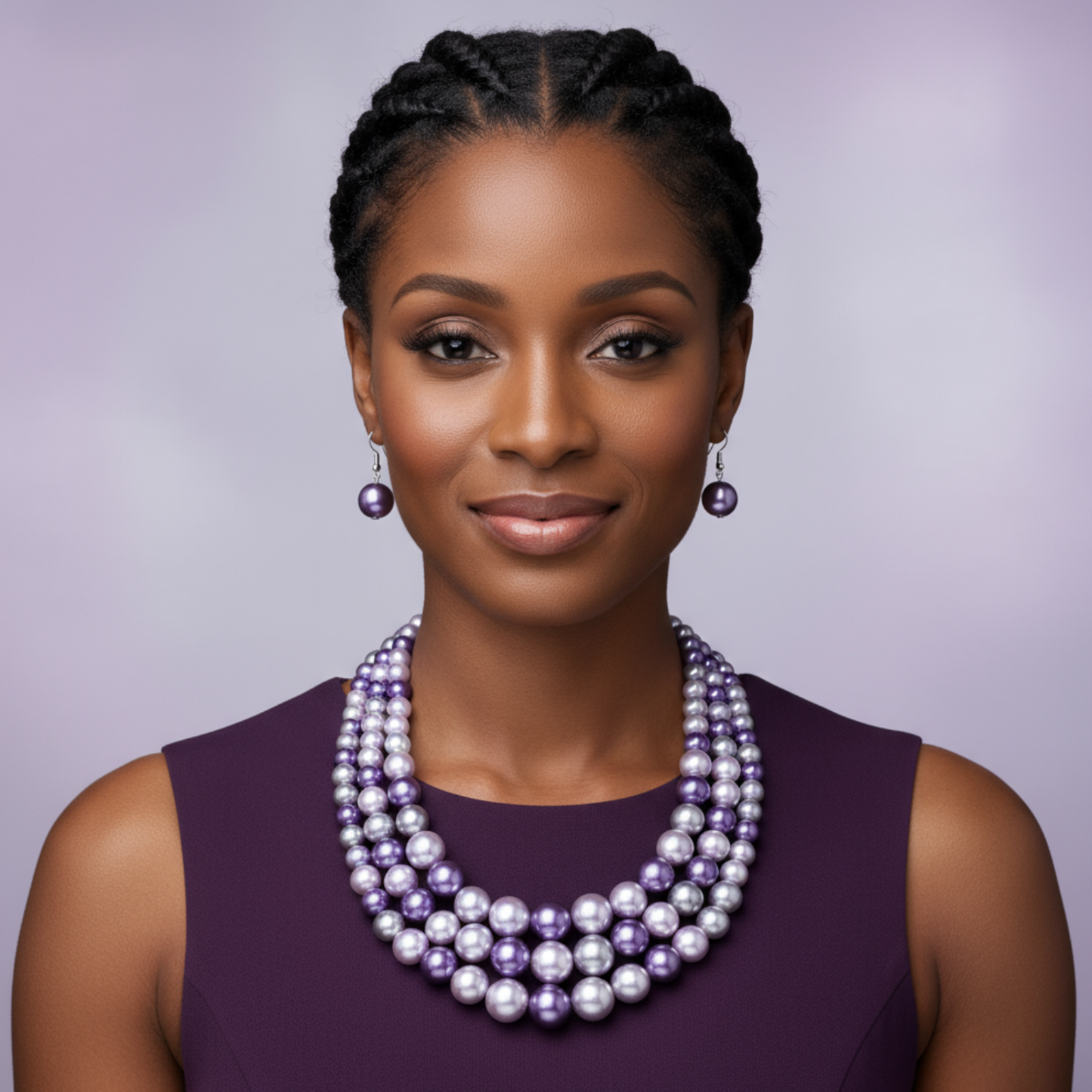Woman wearing a purple dress with a pearl necklace against a gray background