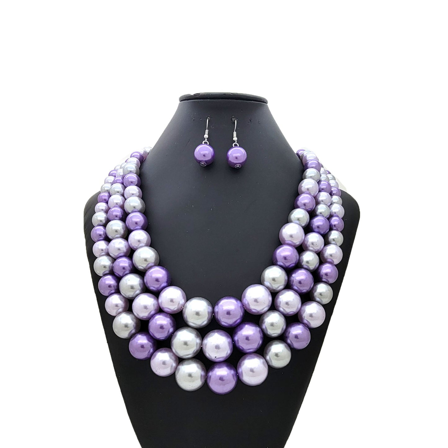 3 Layered Simulated Pearl Necklace and Earring Set for Women - Lavender Mix