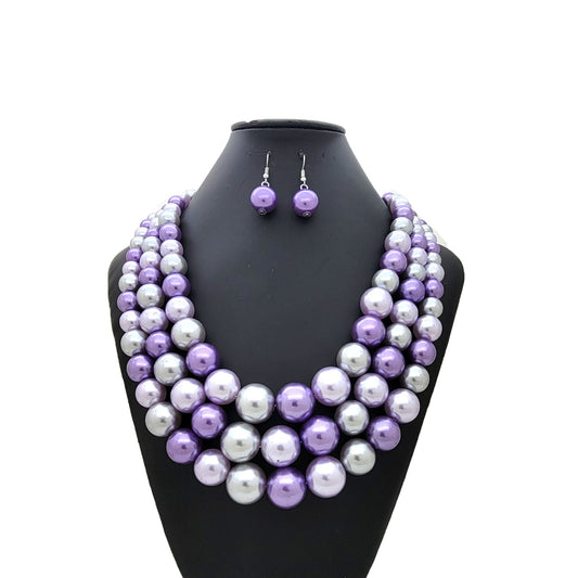 3 Layered Simulated Pearl Necklace and Earring Set for Women - Lavender Mix