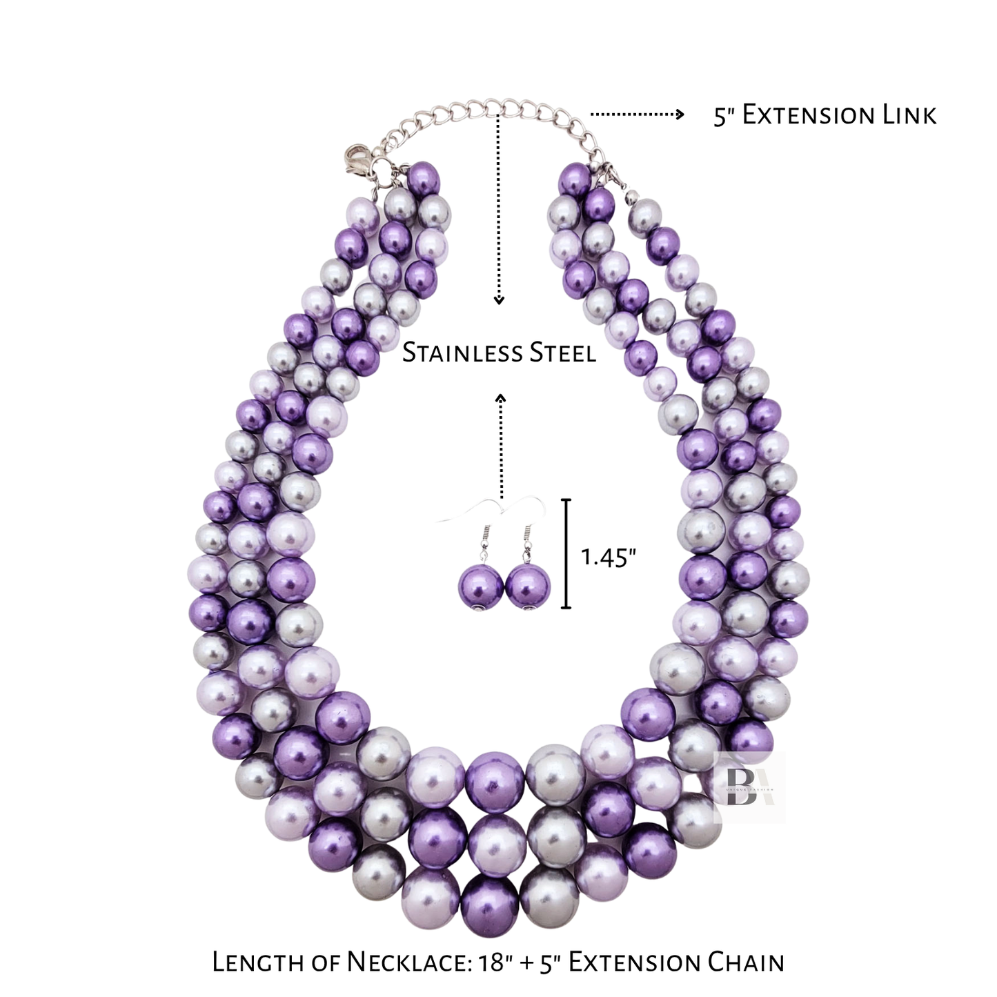 Purple and white pearl necklace with extension chain on a white background