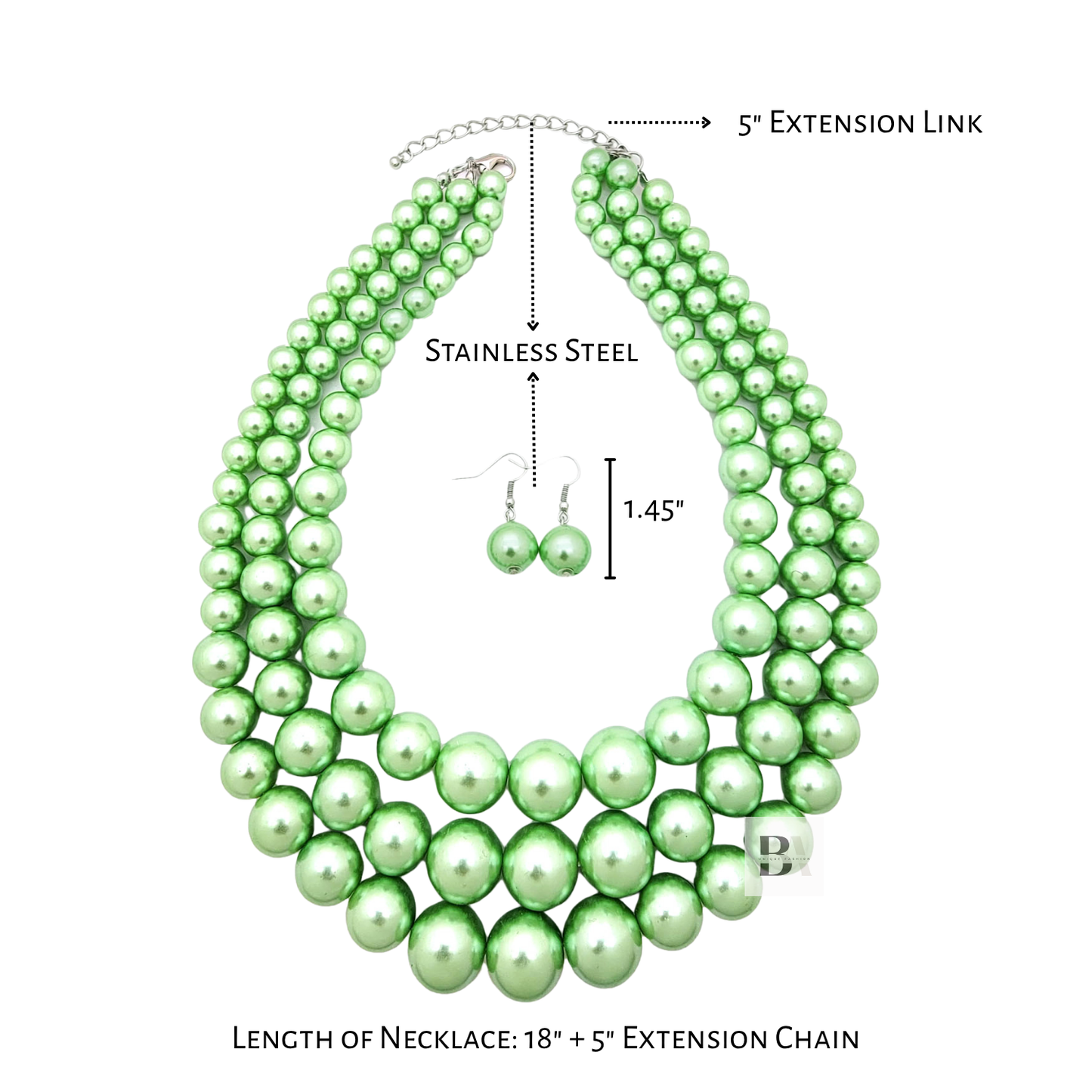 Green pearl necklace with extension chain and earring on a white background