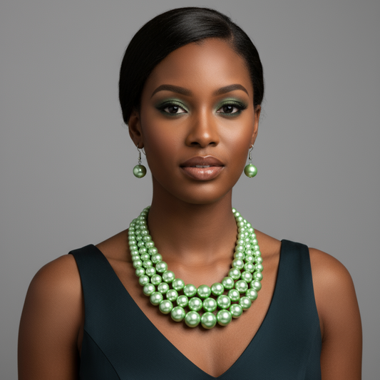 Woman wearing a green pearl necklace and earrings against a gray background