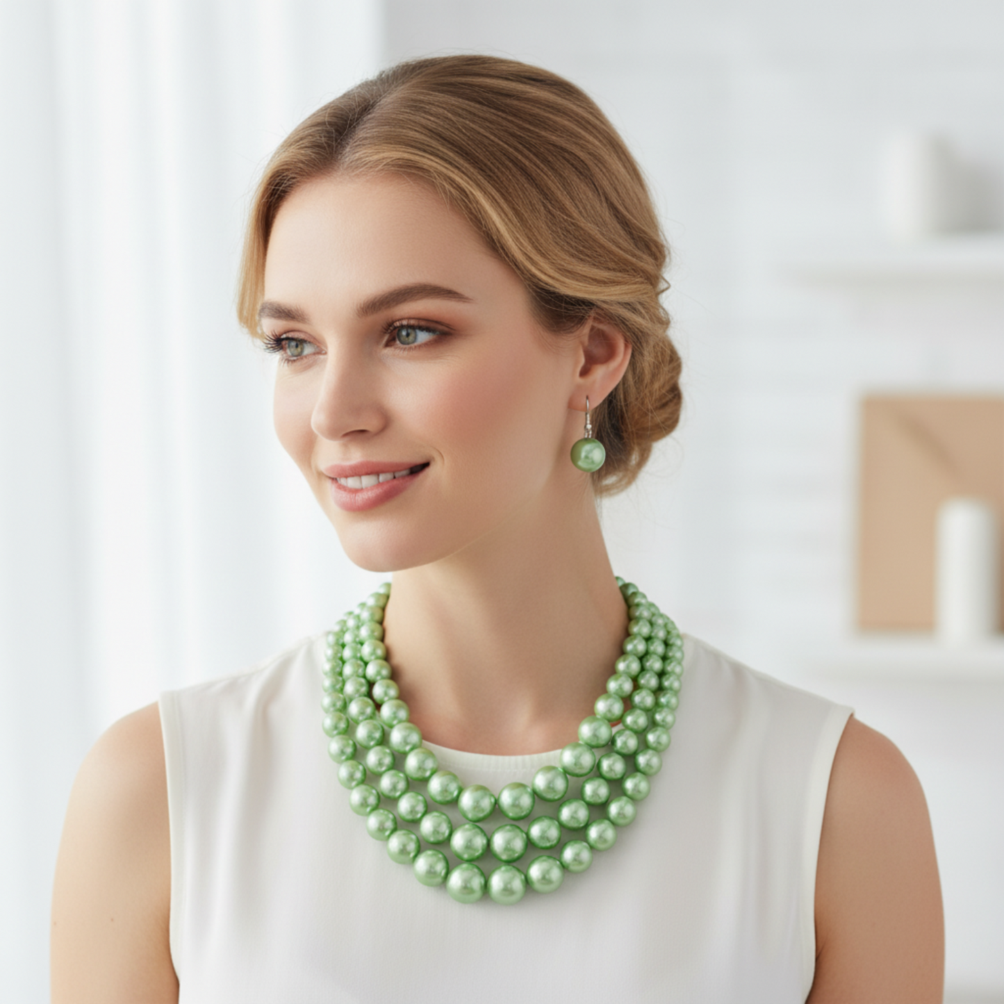 Woman wearing a green pearl necklace and earrings indoors