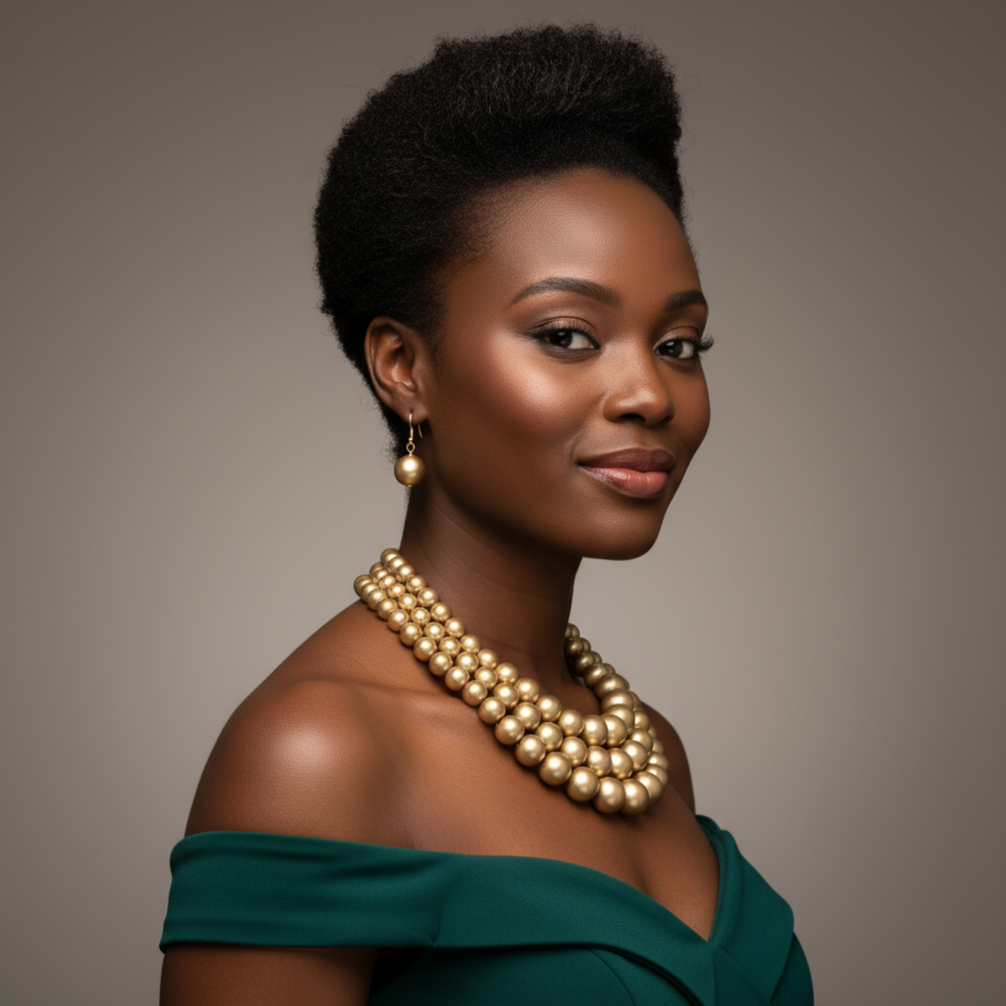 Woman wearing a gold necklace and earrings against a neutral background