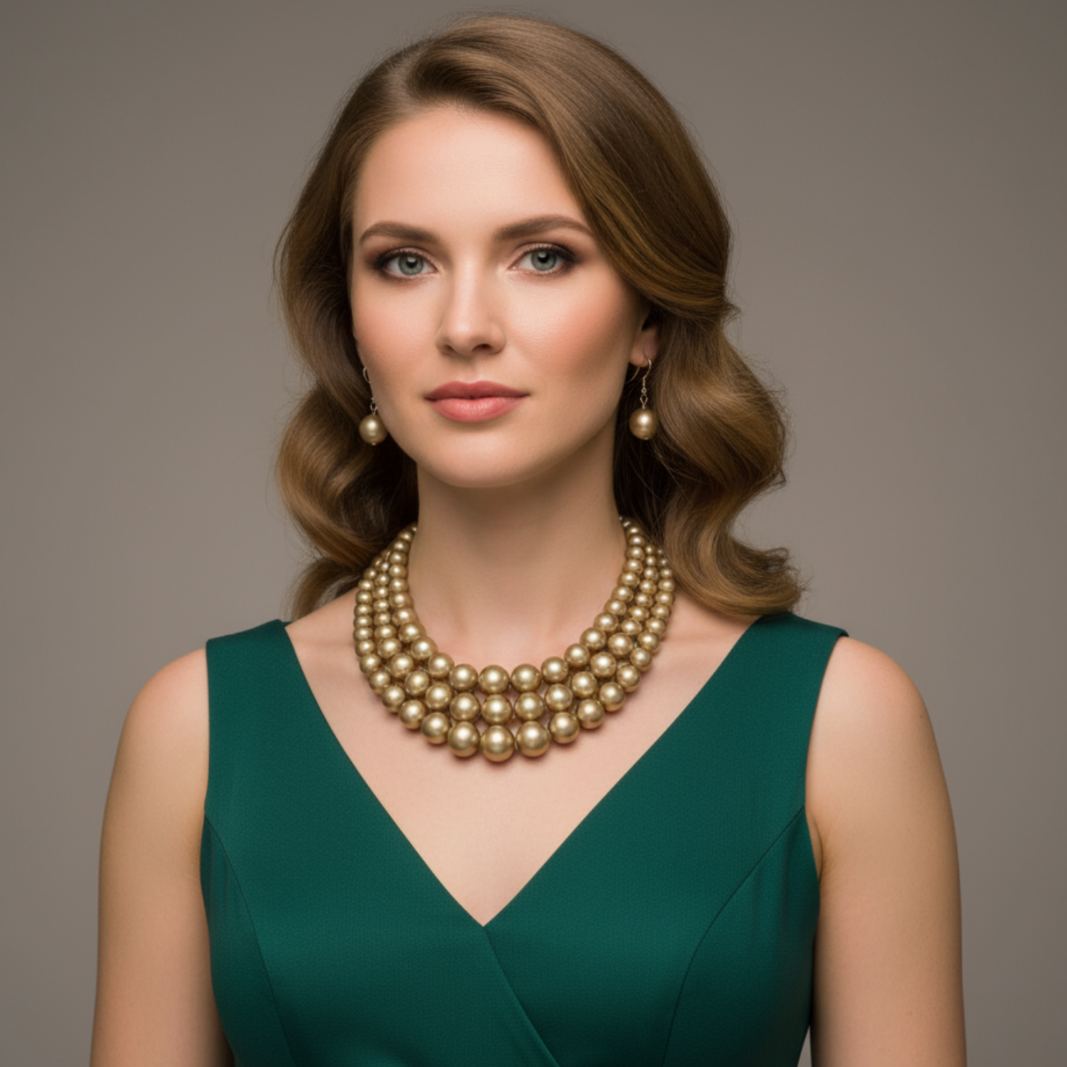 Woman wearing a green dress and gold necklace against a gray background