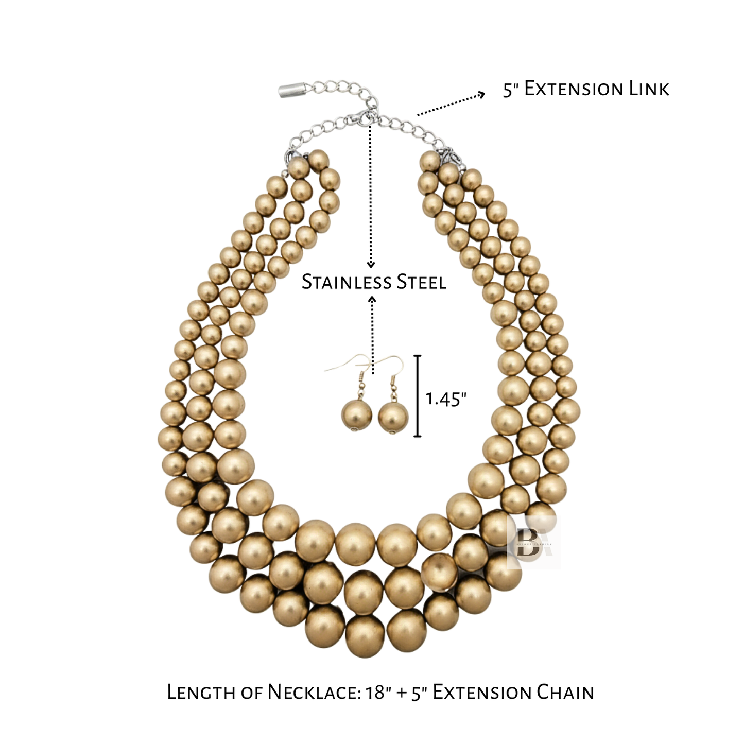 Gold necklace and earrings with measurements on a white background