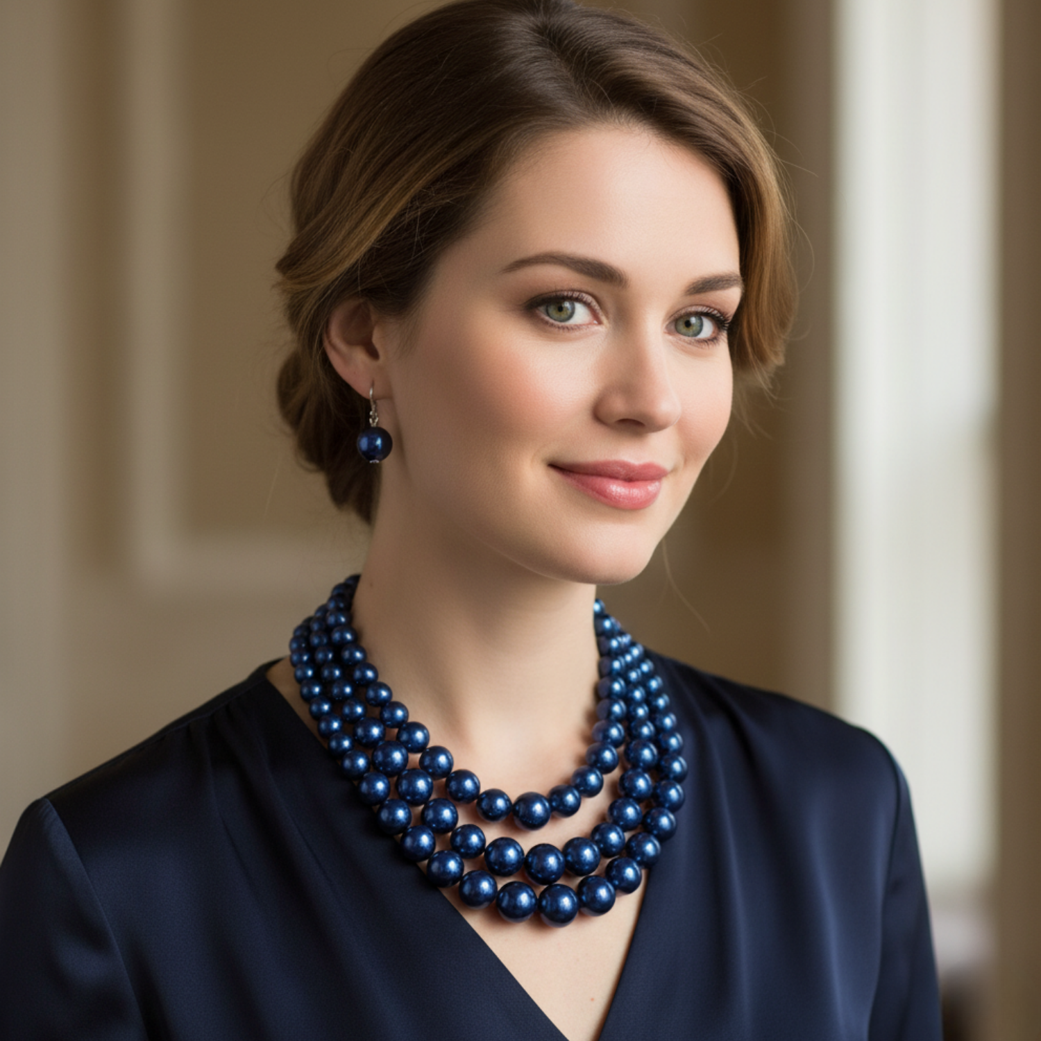 Woman wearing a blue pearl necklace against a neutral background