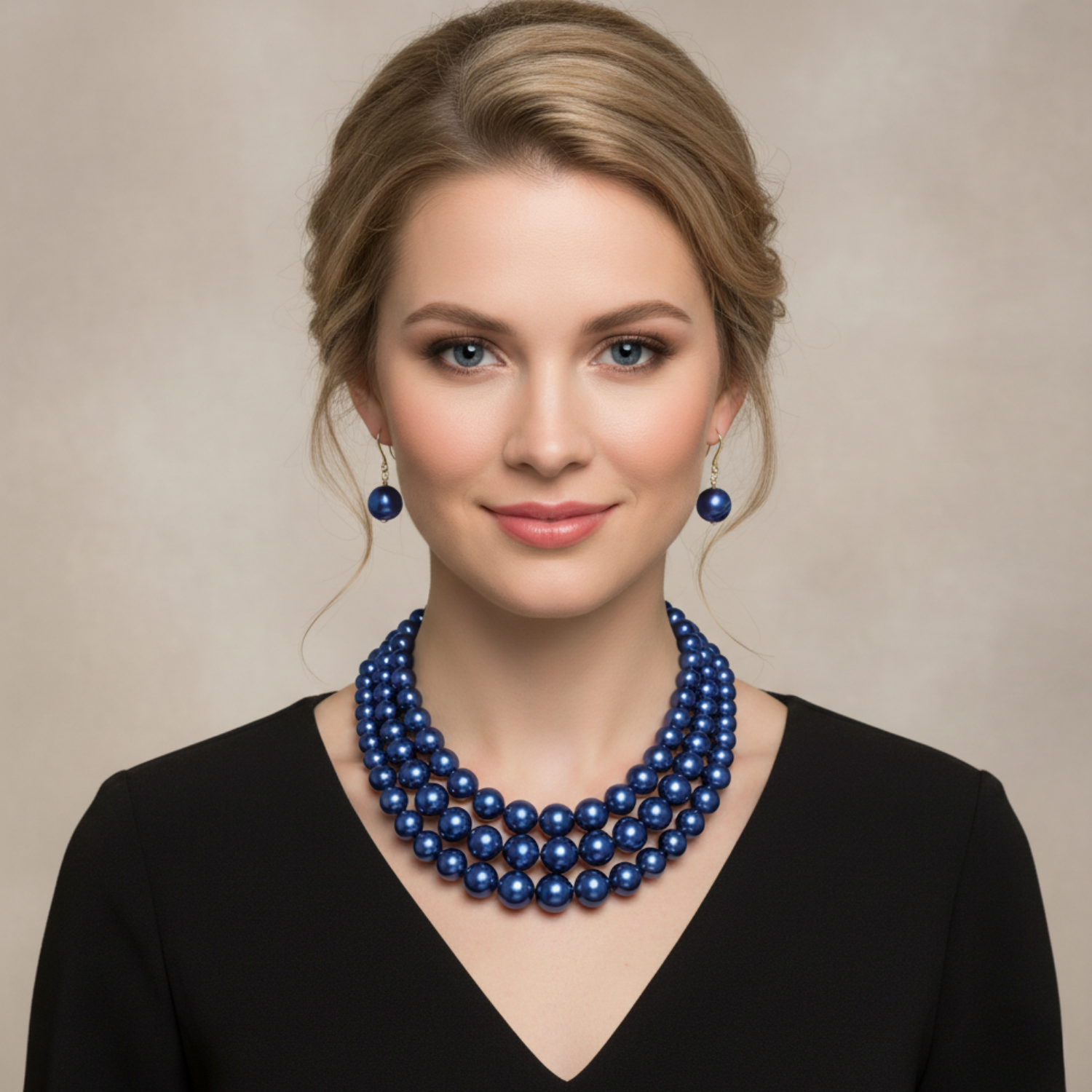 Woman wearing a blue pearl necklace and earrings against a neutral background