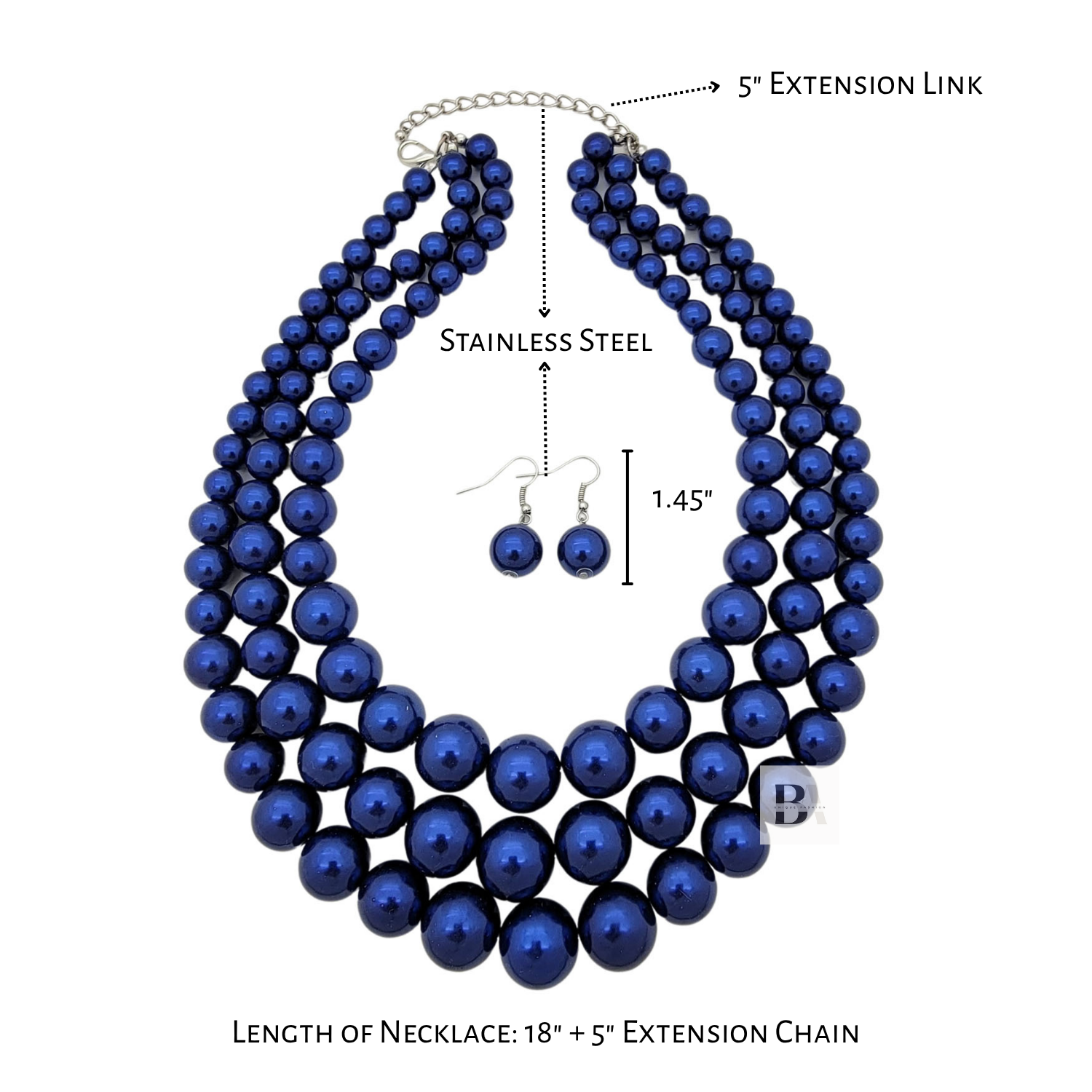 Blue pearl necklace with extension chain and earring on a white background