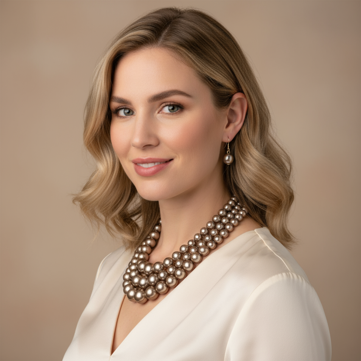 Woman wearing a pearl necklace against a beige background