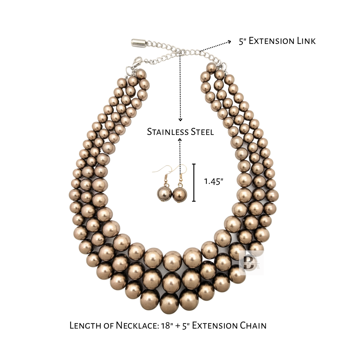 Necklace set with pearl-like beads, stainless steel clasp, and extension chain on a white background.