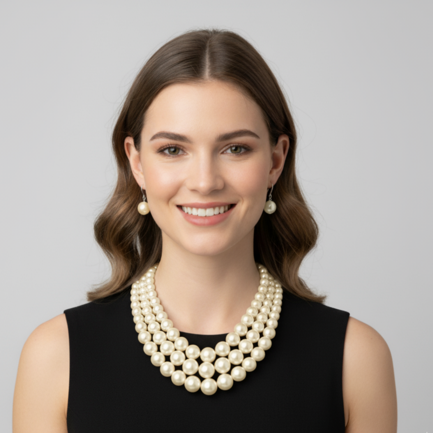 Woman wearing a Cream pearl necklace and earrings on a gray background