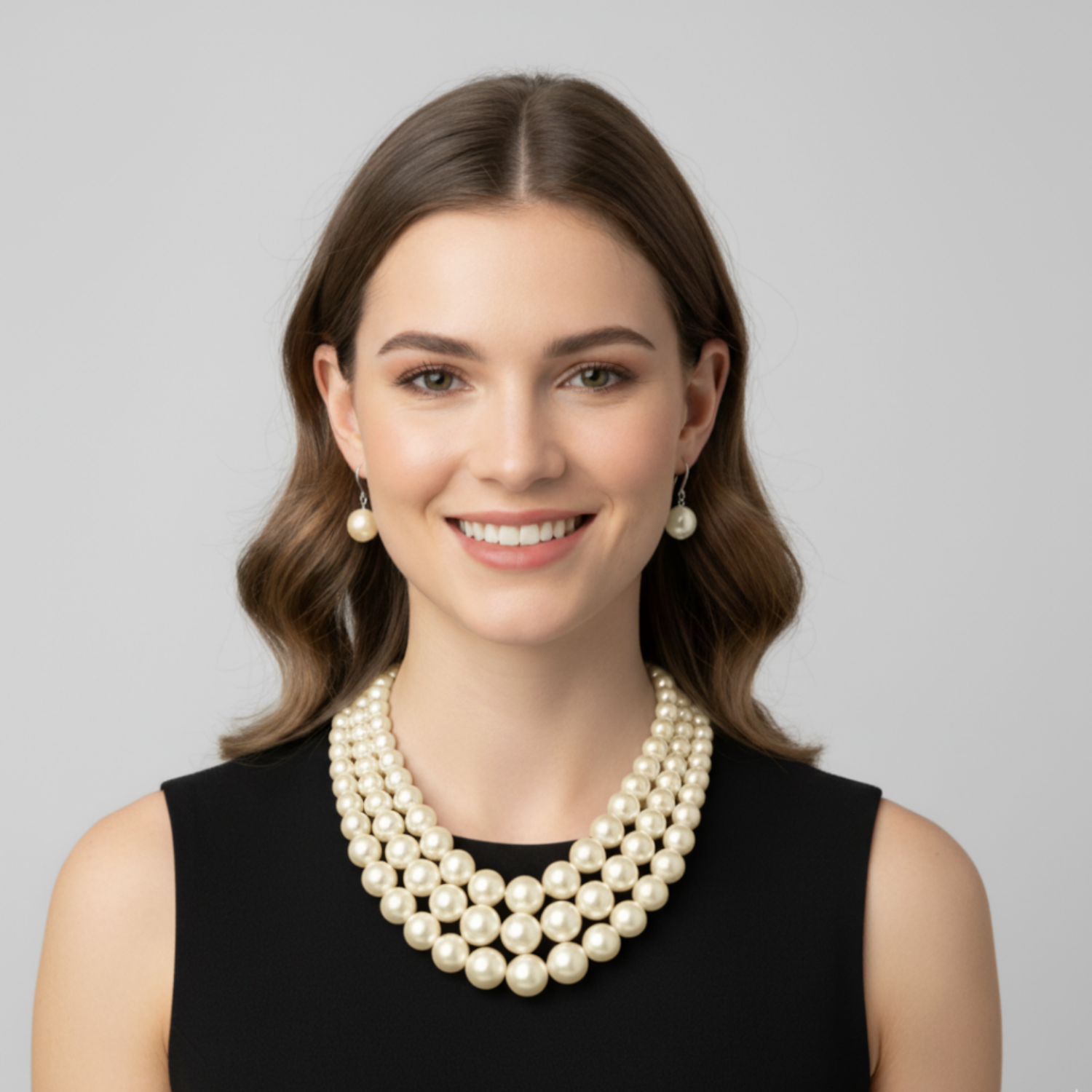 Woman wearing a Cream pearl necklace and earrings on a gray background